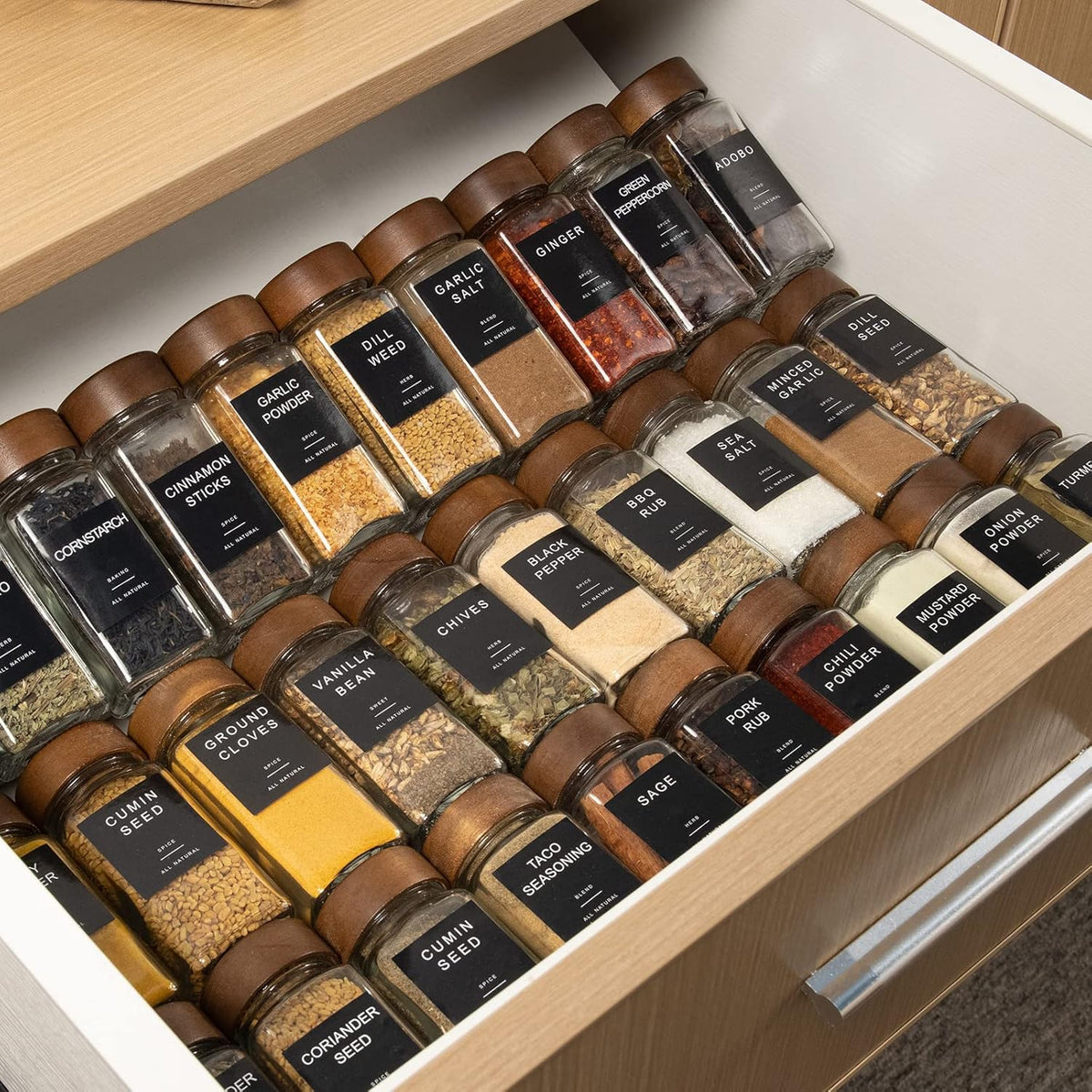Yangbaga 14Pcs Glass Spice Jars with Labels-4oz Acacia Wood Lid Square Spice Containers with Pepper Grinder Lids &Funnel,Seasoning Jars for Rack Cabinet Drawer