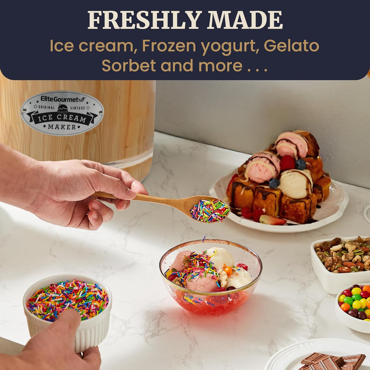 Elite Gourmet EIM402 Old Fashioned 4 Quart Vintage Wood Bucket Electric Ice Cream Maker Machine, Bonus Classic Die-Cast Hand Crank for Churning, Uses Ice and Rock Salt Churns Ice Cream in Minutes