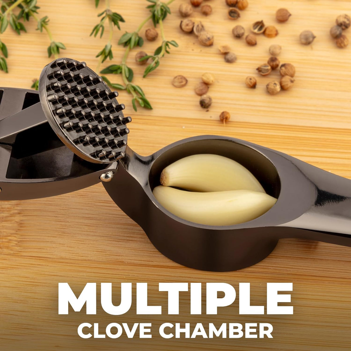 Zulay Kitchen Premium Garlic Press Set – Rust Proof & Dishwasher Safe Garlic Mincer Tool with Silicone Garlic Peeler & Brush, Easy Squeeze & Clean, Ergonomic Soft Grip Handle - Medium – Dark Gray
