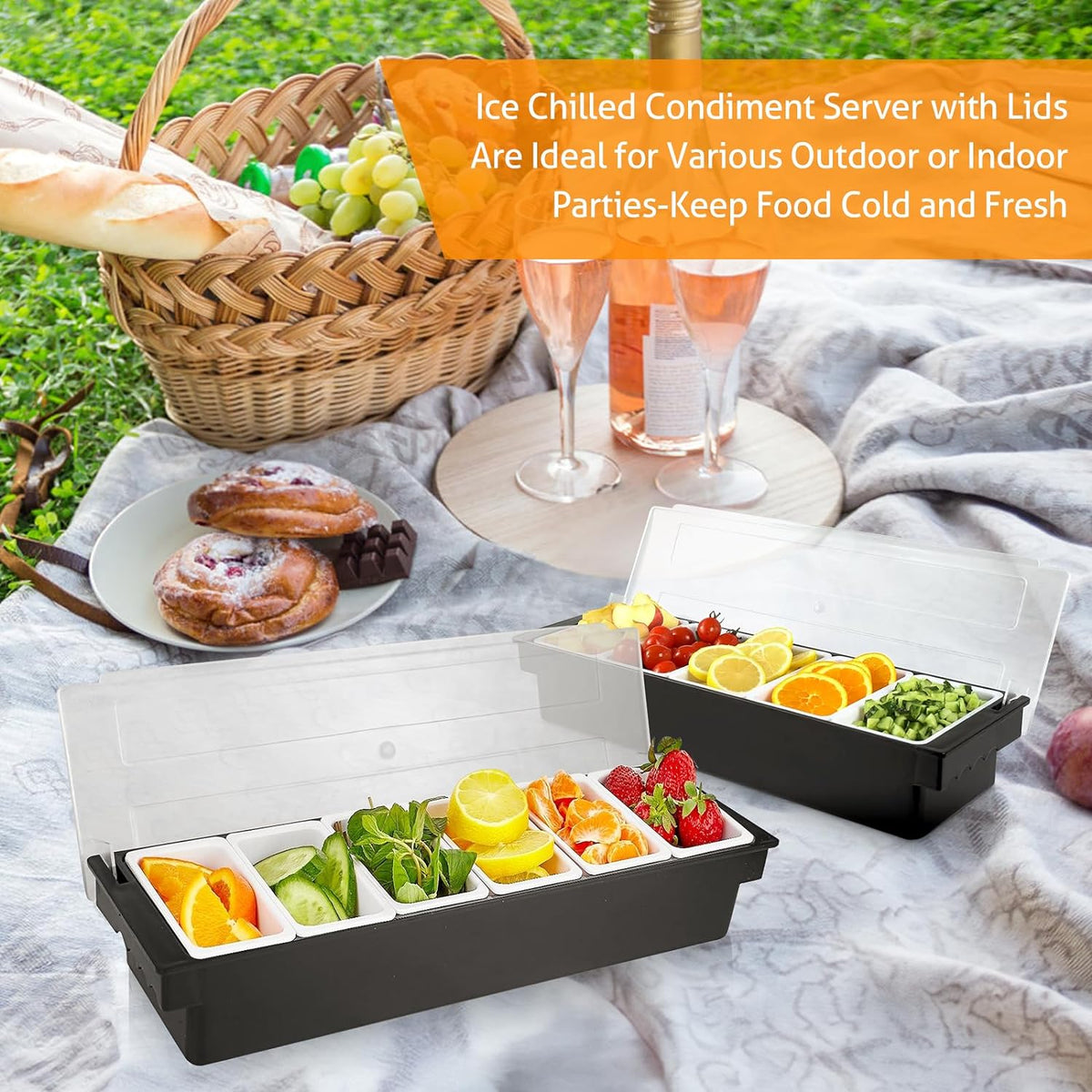 WICHEMI Fruit, Veggie & Condiment Caddy with Lid Dispenser Tray Plastic Garnish Station for Bartending & Serving Taco, Ice Cream, Salad Bar - Topping Organizer for Restaurant Supplies (6 Compartment)