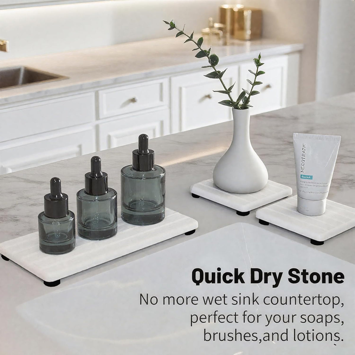 3PCS Stone Drying Tray, Stones Soap Trays, Water Absorbing Stone Tray for Sink, Fast Dry Diatomite Stones Mat, Used for Hand Soaps,Sponge,Toothbrush Holder in Bathroom Counter and Kitchen Sinks