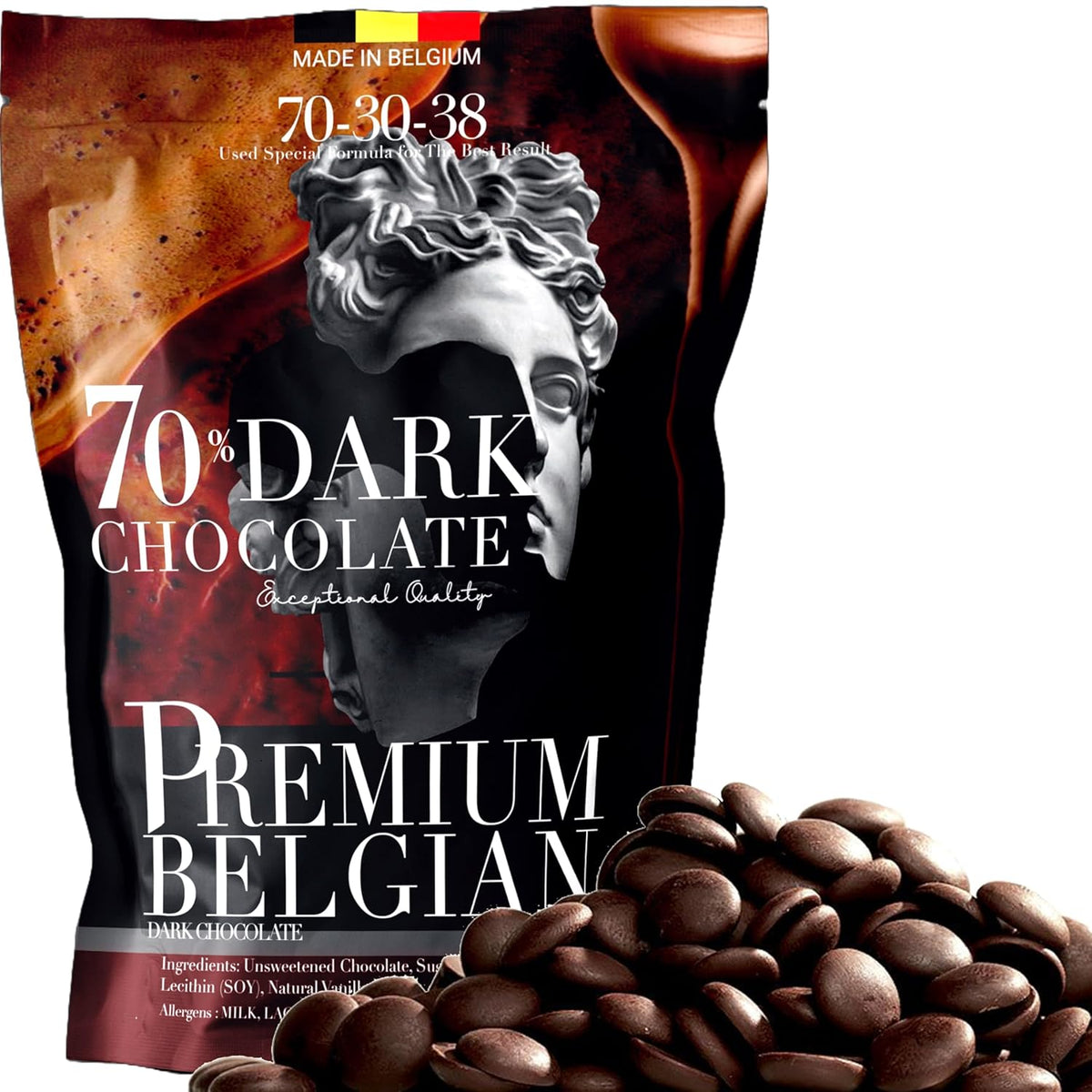 Premium Belgian Chocolate Chips 2 LBS | 70% Dark Semi Sweet Chocolate Chips | Recipe 70 30 38 | Bitter Sweet Couverture | Crafted In Belgium | Bulk Chocolate for Baking Cookie
