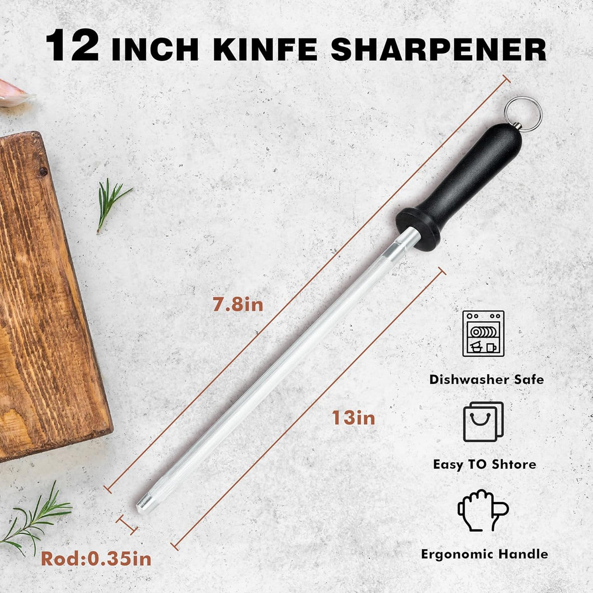 Knife Sharpener Rod, Kitchen Knives Sharpener Carbon Steel Professional Knife Sharpening Steel, Honing Rod with Hanging Holes (13 inches)