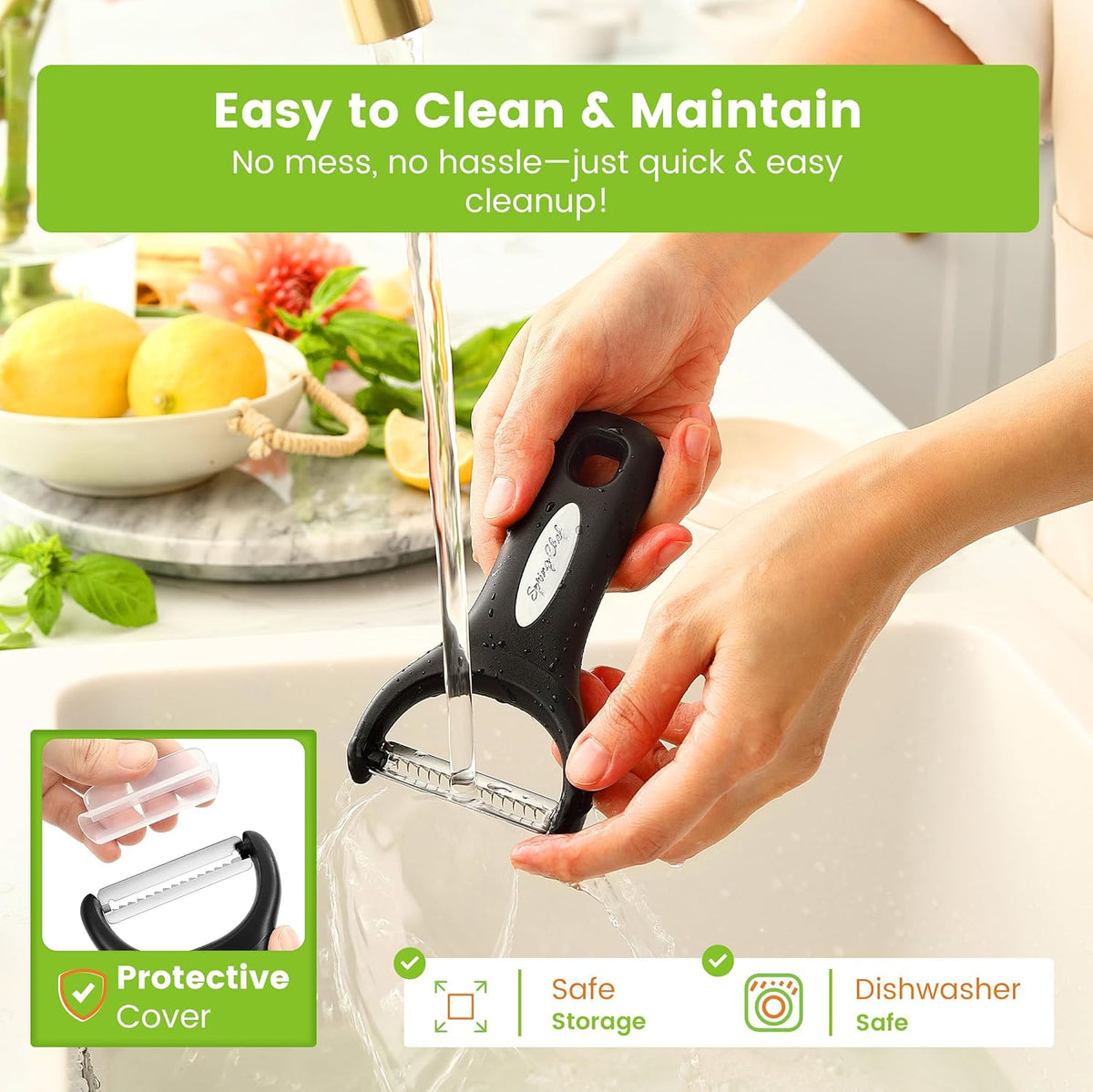 Spring Chef Swivel & Vegetable Julienne Peeler Set for Kitchen with Stainless Steel Sharp Blades - Potato Peelers with Soft Grip Handles & Blade Covers - Perfect for Carrot, Zucchini, Cucumber - Black