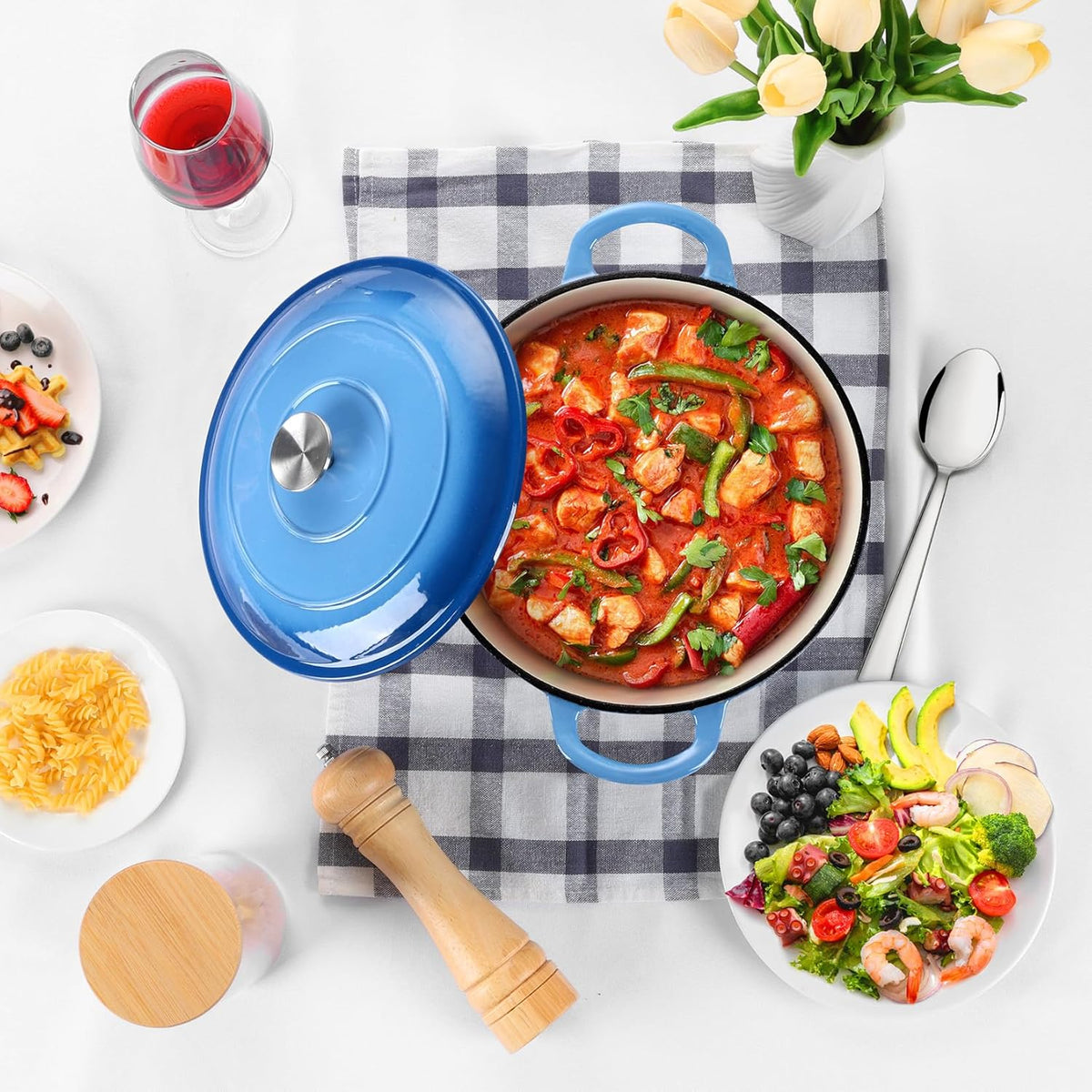 P&P CHEF 5QT Enameled Dutch Oven, Cast Iron Dutch Oven Pot with Lid for Bread Baking, Enameled Casserole Pot for Roasting Braising Stewing Frying Simmering, Various Stoves & Easy Clean, Blue