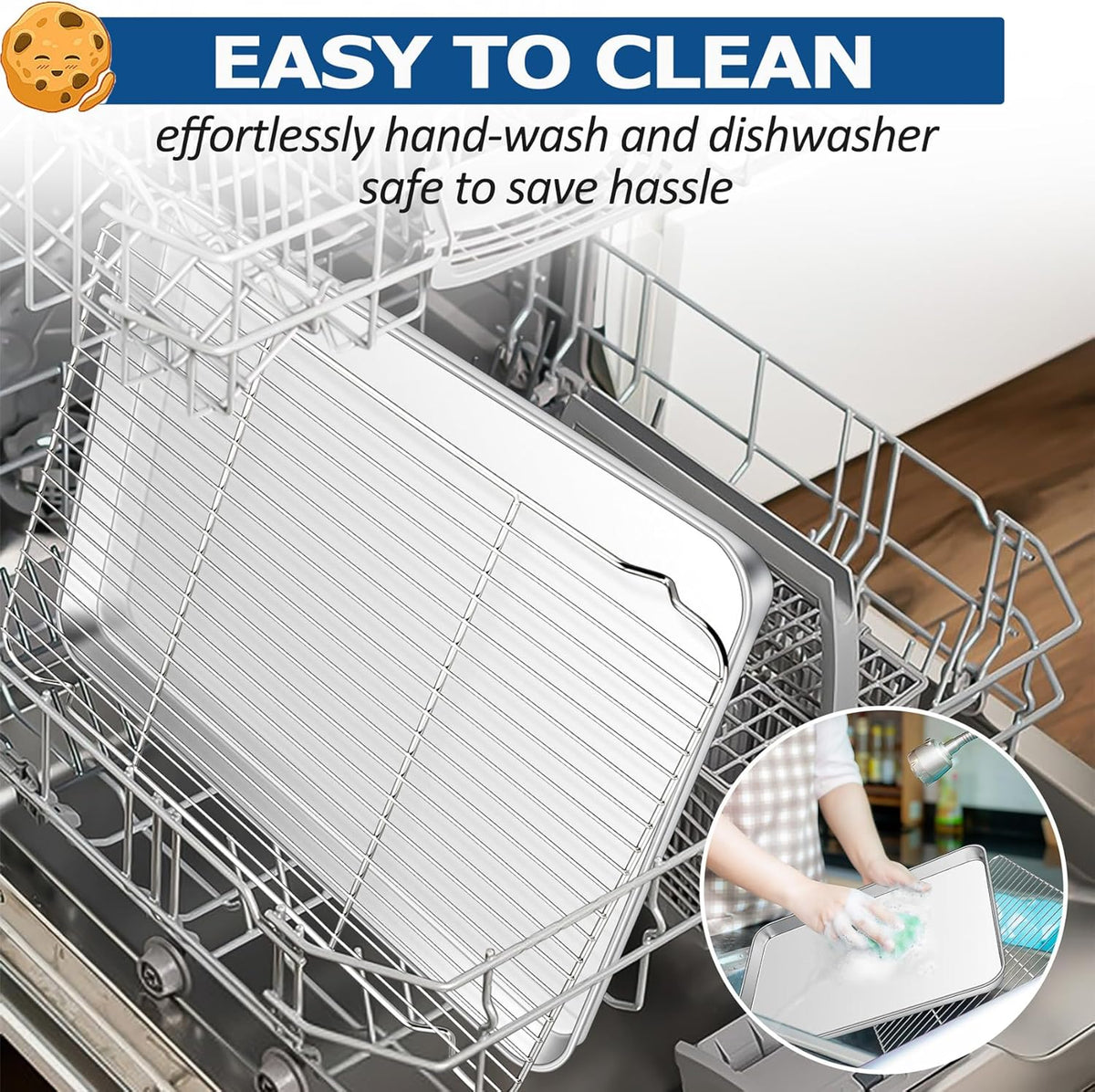 TeamFar Baking Sheet with Rack Set, Stainless Steel Baking Pan Cookie Sheet with Cooling Rack, Size 17.6 x 13 x 1inch, Non Toxic & Heavy Duty, Easy Clean & Dishwasher Safe