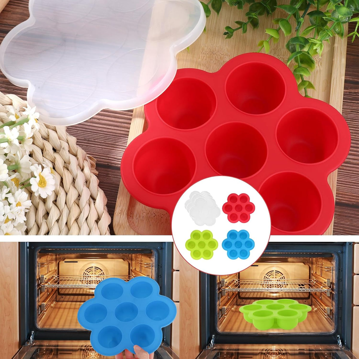 3 Pcs Egg Bites Silicone Mold Little 7 Cups Mini Muffin Pan Food Grade Air Fryer Accessories Food Silicone Freezer Molds with Lid for Baking Egg Bite Cupcake Mini Muffins Tart Bread