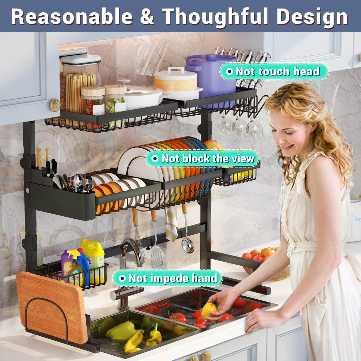 Over Sink Dish Drying Rack (Expandable Height/Length) Snap-On Design Large Dish Drainer Storage Counter Organizer (31-39.5L x 12W x 34-38H inches)
