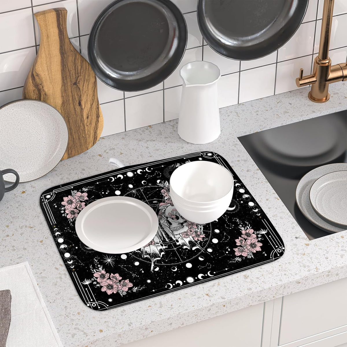 Skeleton Butterfly Dish Drying Mat Black Skull Absorbent Dish Drainer for Kitchen Counter Holiday Decor