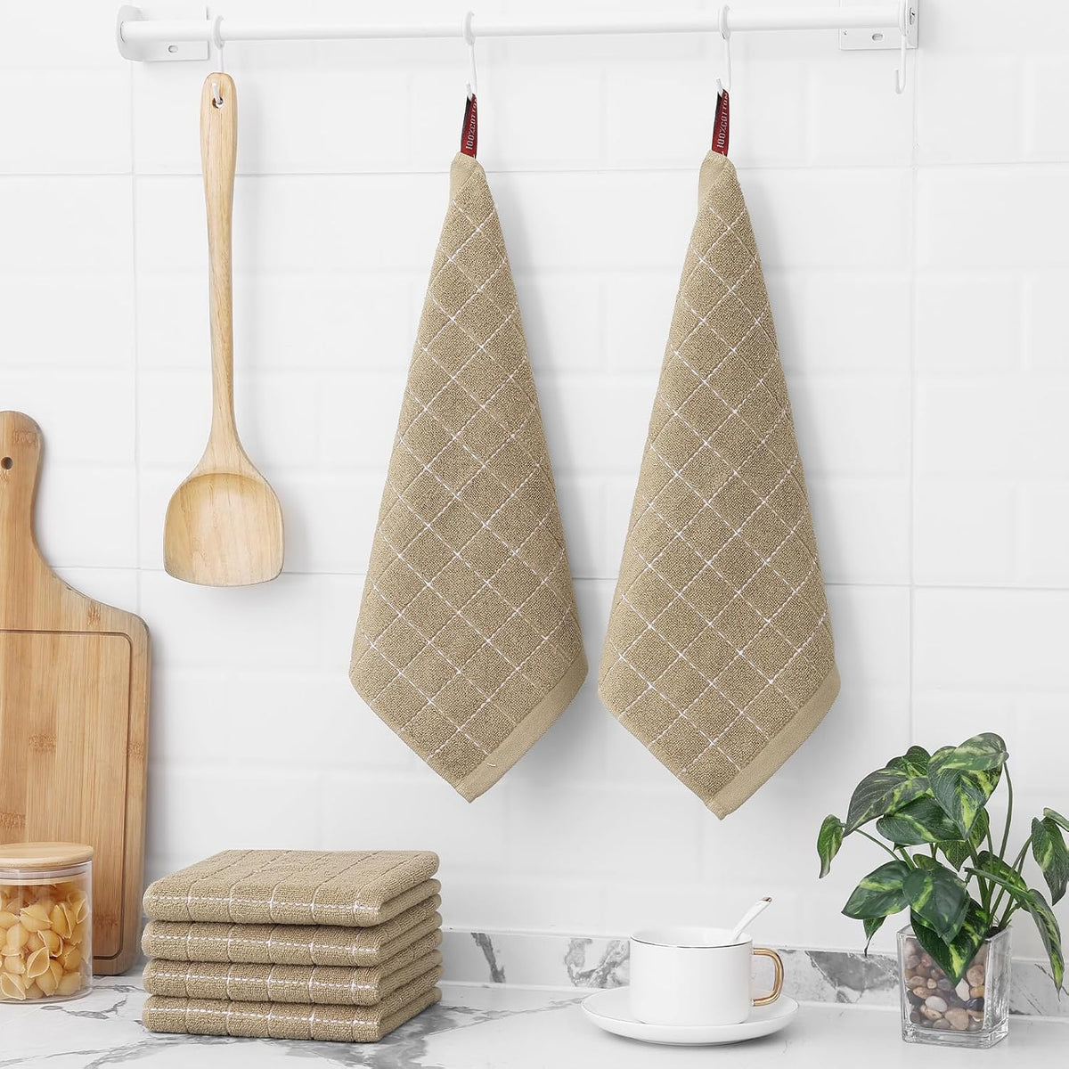 Homaxy 100% Cotton Terry Kitchen Dish Cloths, Ultra Soft and Absorbent Dish Towels for Kitchen, Perfect for Drying and Washing Dishes, 12 Pack, 12 x 12 Inches, Tan