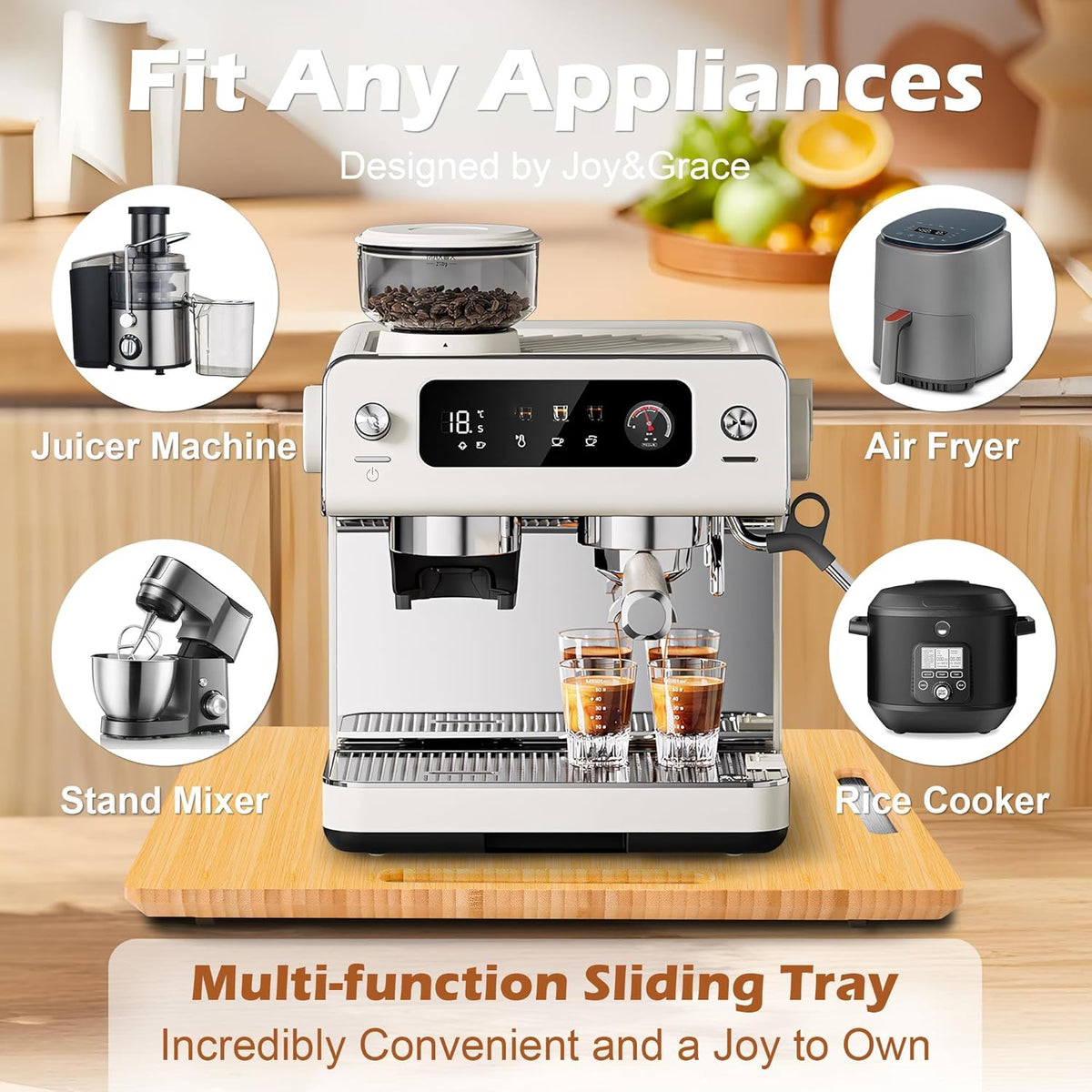 Joy&Grace Appliance Slider for Kitchen Appliances 360° Rolling Sliding Tray for Coffee Maker Countertop, Bamboo Coffee Pot Slider Rolling Tray (Natural, Medium 14.5" x 10")