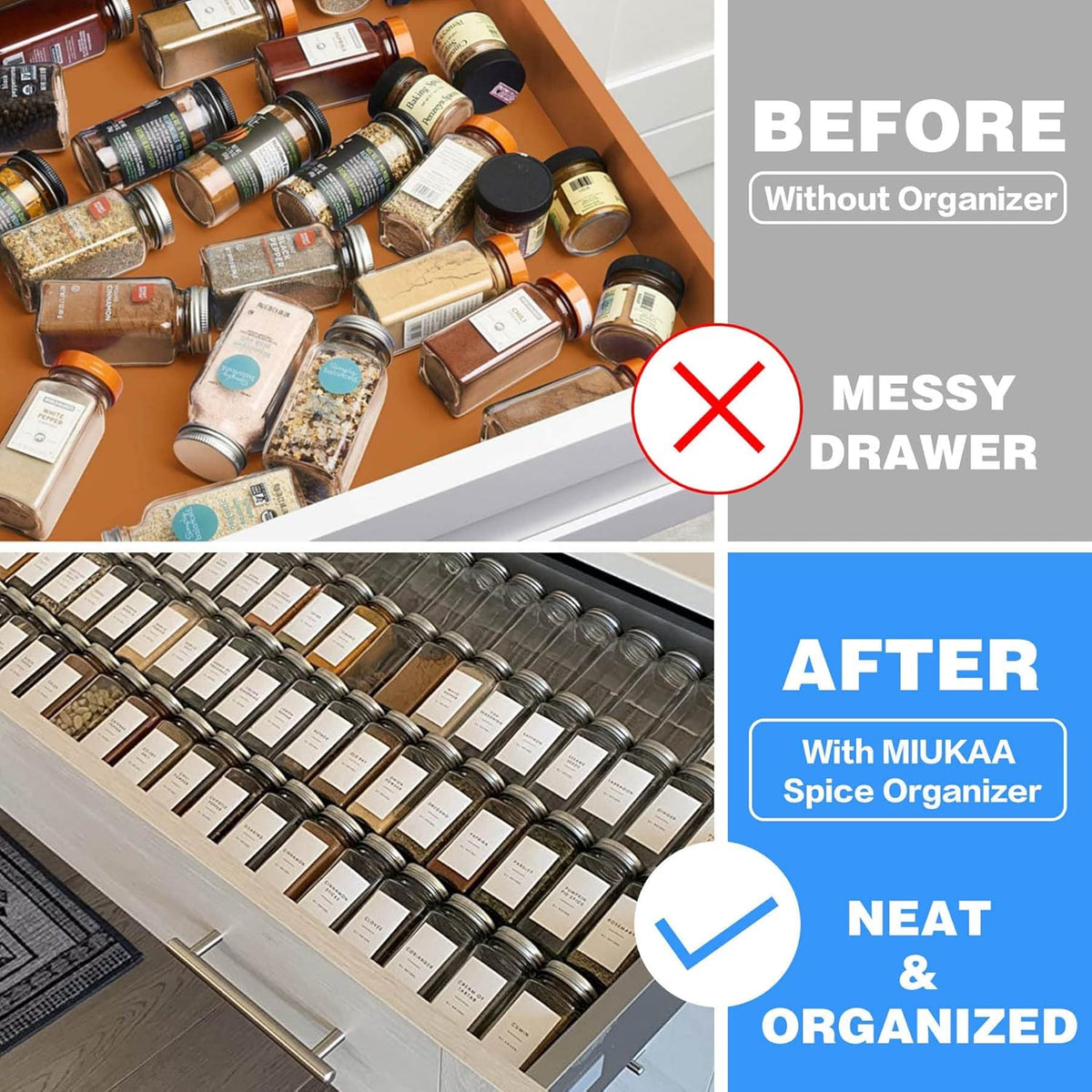 MIUKAA Clear Acrylic Spice Drawer Organizer, 4 Tier- 2 Set Expandable From 13" to 26" Drawer Seasoning Organizer, Kitchen Spice Rack Tray for Drawer/Countertop (Jars not included)