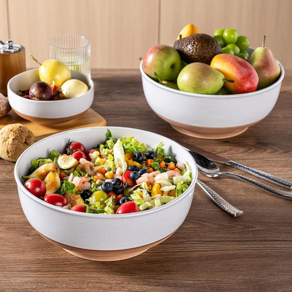 AmorArc 9.8’’ Ceramic Serving Bowls, 95 OZ Extra Large Salad Bowls Set of 2, Stoneware Oversized Bowls with Rustic Terracotta Underside for Salad, Soup and Dinner. Large Bowls for Entertaining&Gift
