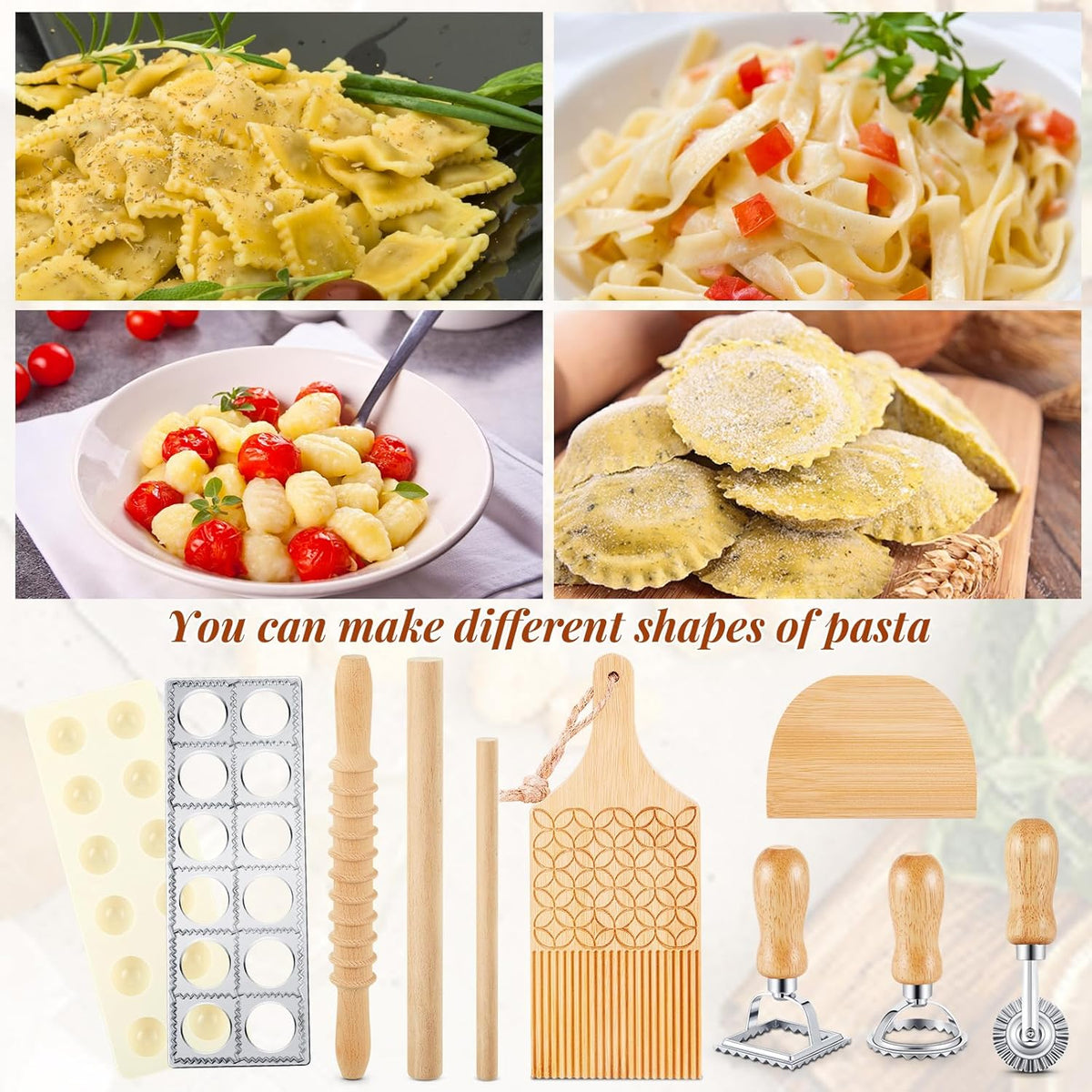 Tioncy 9 Pcs Pasta Making Tool Ravioli Gnocchi Maker Set Include Ravioli Mold Wooden Cutter Rolling Pin Gnocchi Board Wood Stick Dough Scraper Pasta Stamps(Pattern Style)