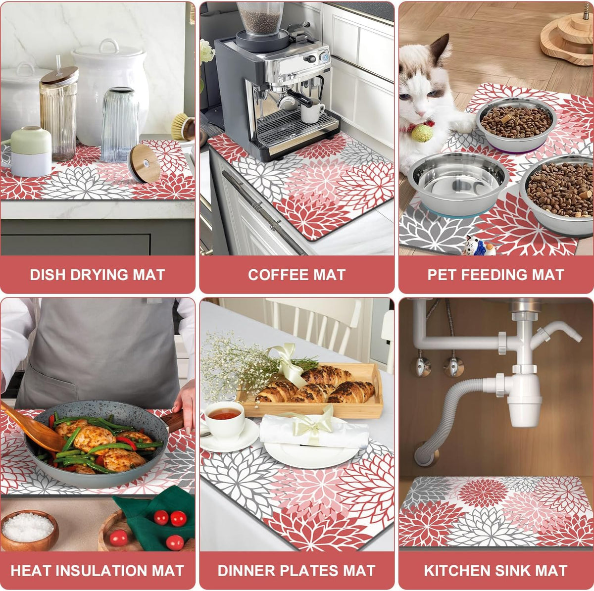 Findosom 2PCS 12" x 20" Dish Drying Mat & 24" x 5.5" Sink Splash Guard, Super Absorbent & Cuttable Dish Mat Drying Kitchen Mat with Red Floral, Hide Stain Drying Mat for Kitchen Counter