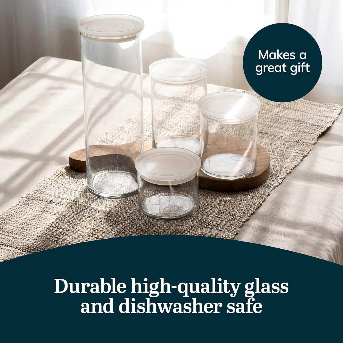 Libbey Stacking Cylinder Assorted Storage Jars, Stackable Glass Jars Set of 4, Airtight Plastic Lids, Dishwasher Safe Food Jars for Storing Dry Goods