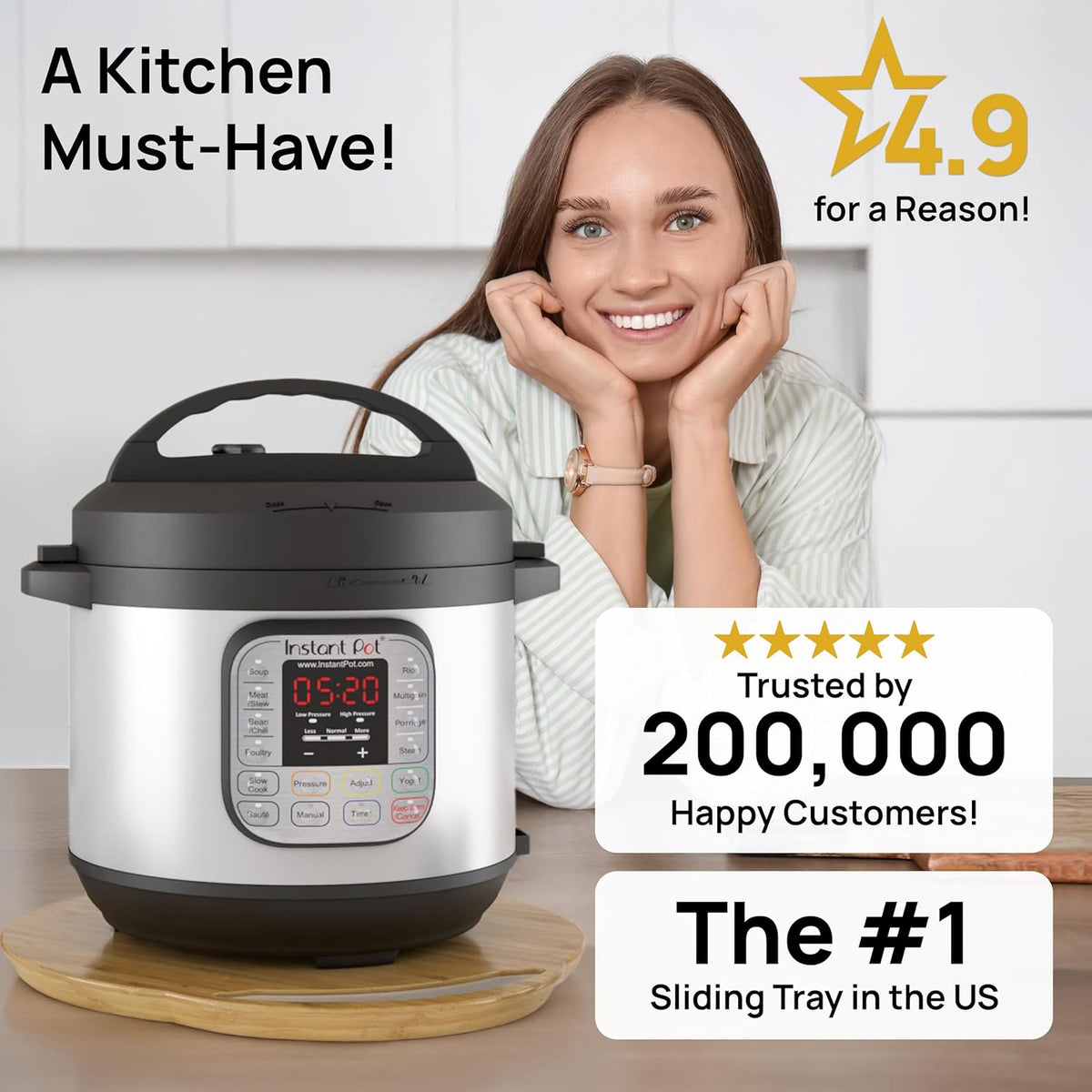 Ibyx Elegant Round Sliding Tray for Your Pressure Cooker, Air Fryer & Heavy Kitchen Appliances - Sturdy, Slides Easily from Under The Cabinet (Natural, 13β)