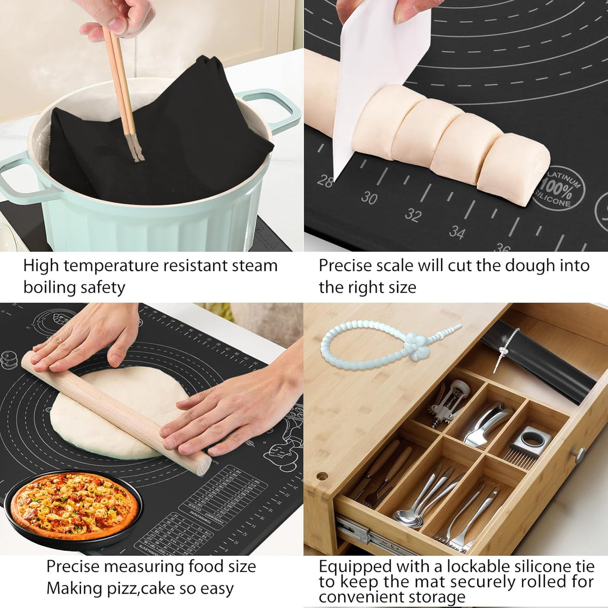 Silicone Baking Mat 28" x 20" Extra Thickness Dough Rolling Mat with Measurements and Edge Heightening, Non-stick Food Grade Silicone Pastry Mat for Pastry, Bread, Cookies, Pizza, Fondant, Pasta-Black
