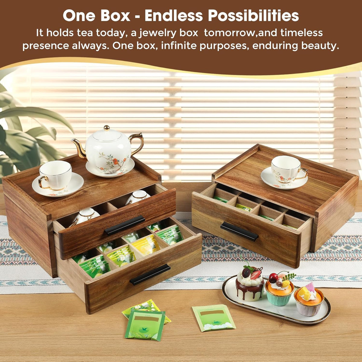 Double-Drawer Acacia Wood Tea Bag Organizer - Tea Box with Drawer, Tea Accessories for Tea Organizers and Storage Box, Tea Station Chest Caddy for Countertop Cabinet Office (16-Compartment, Gift Box)