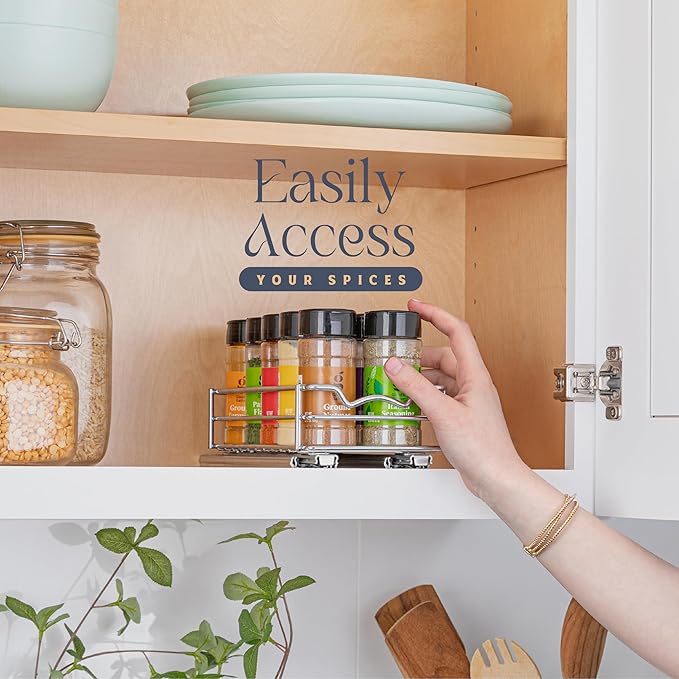 Pull Out Cabinet Organizer for Spices, Cans - Heavy Duty with Lifetime Limited Warranty- Pull Out Spice Rack- Cabinet Pull Out Shelf for Cans,Dishes, Etc, 4-1/2"W x 10-1/2"D x 2-3/4”H, Chrome