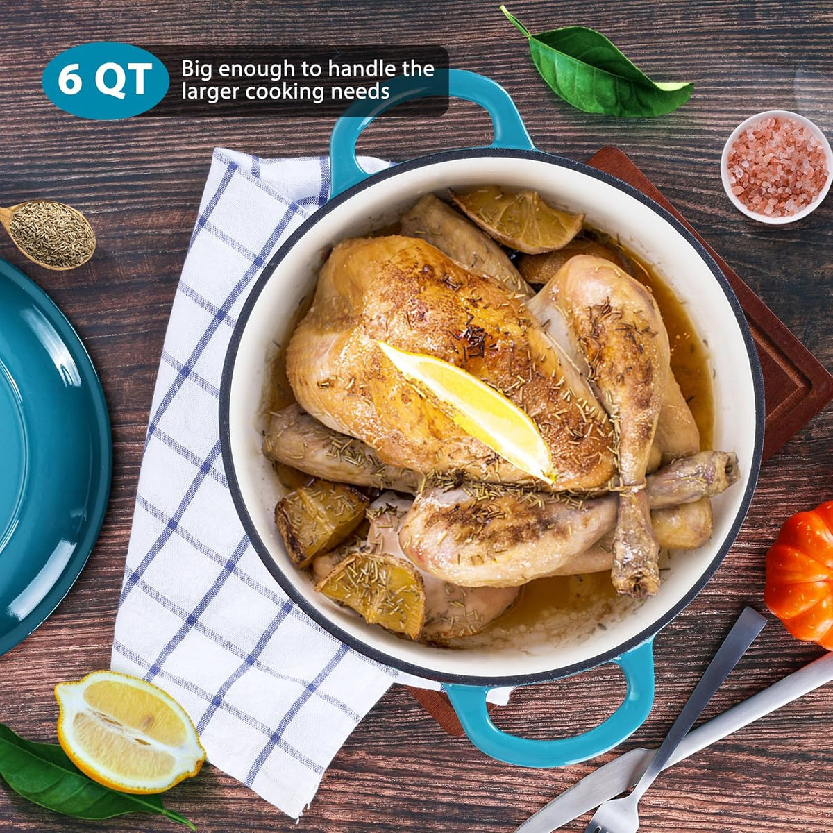 E-far 6 Quart Dutch Oven, Enameled Cast Iron Dutch Oven Pot with Lid, Nonstick Round Cookware for Braising/Stews/Roasting/Bread Baking/Cooking, Heavy Duty, Induction & Oven Safe - Teal Mist