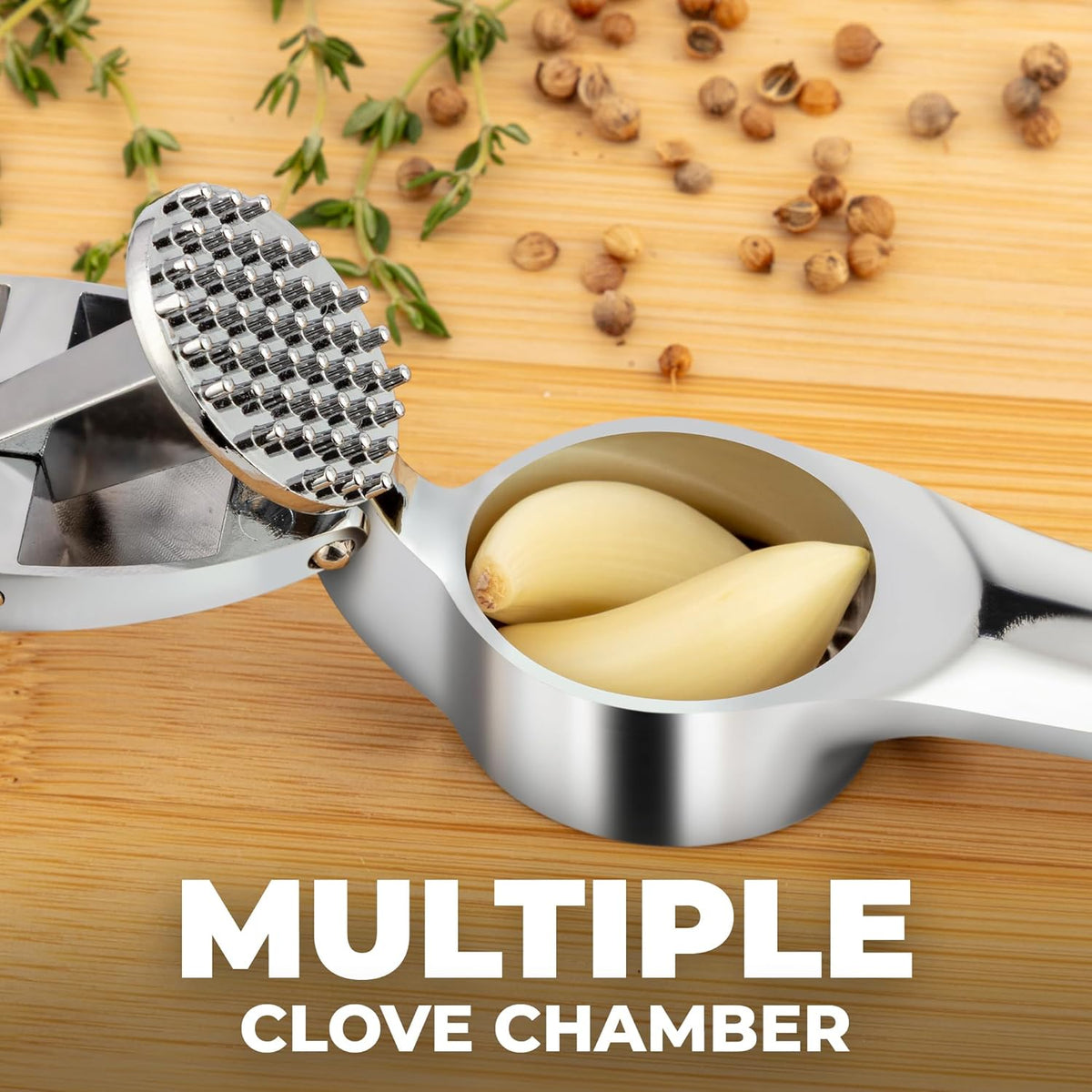 Zulay Kitchen Premium Garlic Press Set – Rust Proof & Dishwasher Safe Garlic Mincer Tool with Silicone Garlic Peeler & Brush, Easy Squeeze & Clean, Ergonomic Soft Grip Handle - Medium – Chrome