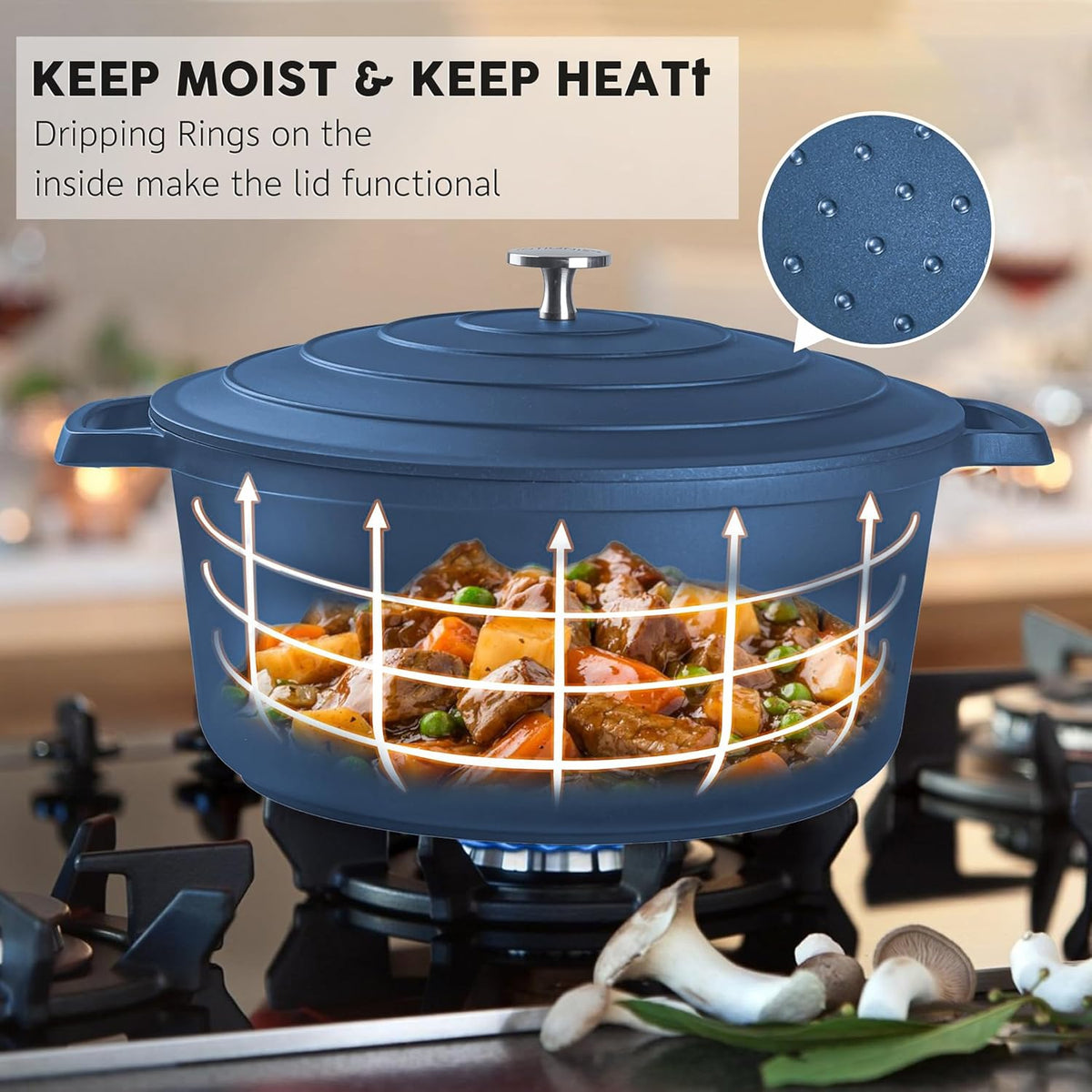 Large Dutch Oven Pot with Lid-7.5QT Cast Aluminum Oven Pot with Two Handles Lightweight for Bread Baking Braising and Roasting(Blue)