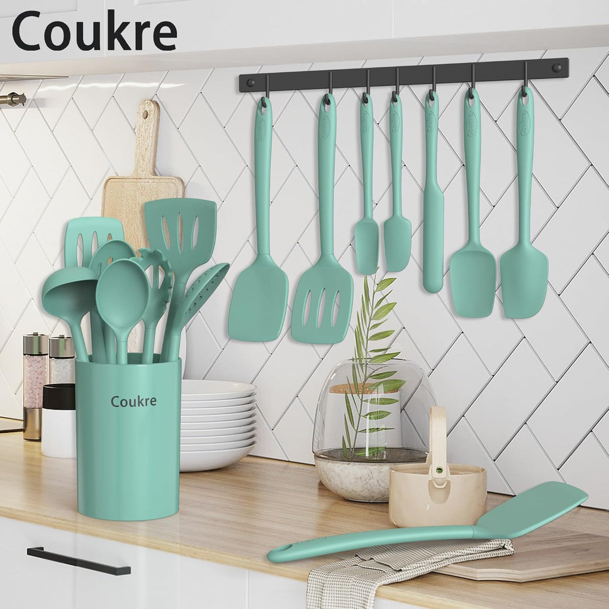 Coukre Silicone Kitchen Cooking Utensils Set with Holder – Heat-Resistant, Food-Grade Kitchen Tools, Spatula, Spoon & Gadgets for Non-Stick Pans, Dishwasher Safe (14, PureAquaGreen)