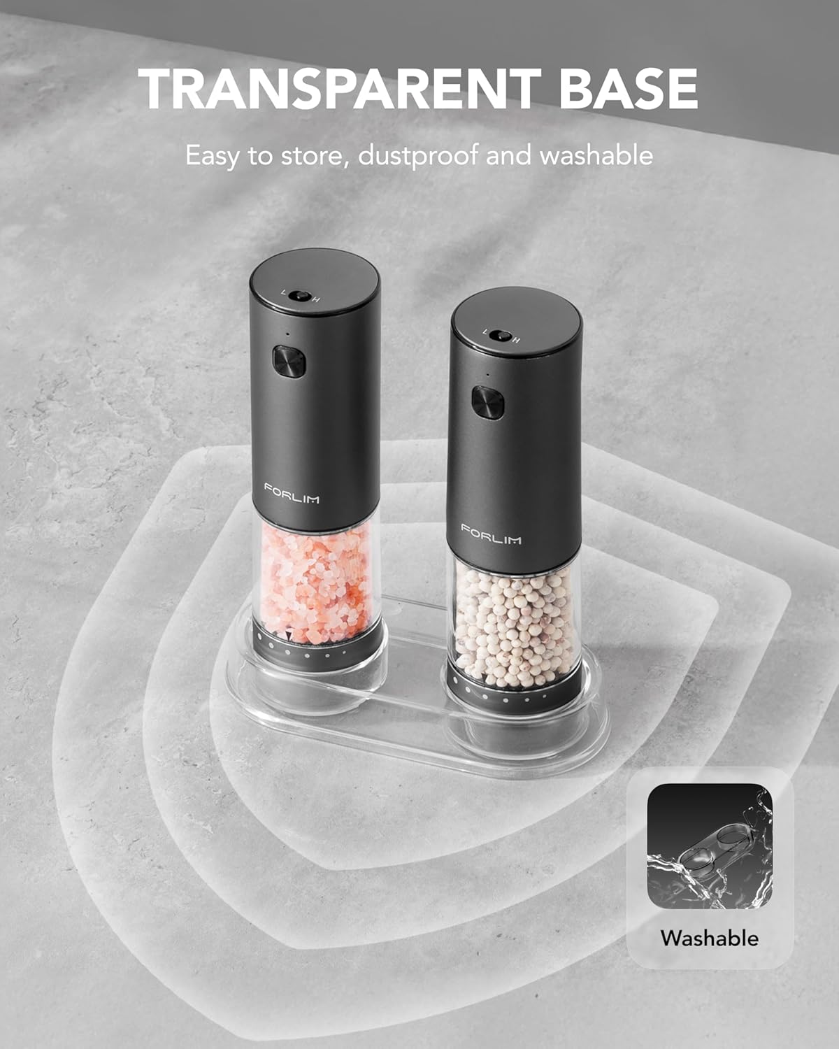 FORLIM 2-Speed Electric Salt And Pepper Grinder Set, External Rotation To Adjust Coarseness, Rechargeable Aluminum Alloy Pepper Mill With Base, One-Button Automatic Grinding, Washable Container