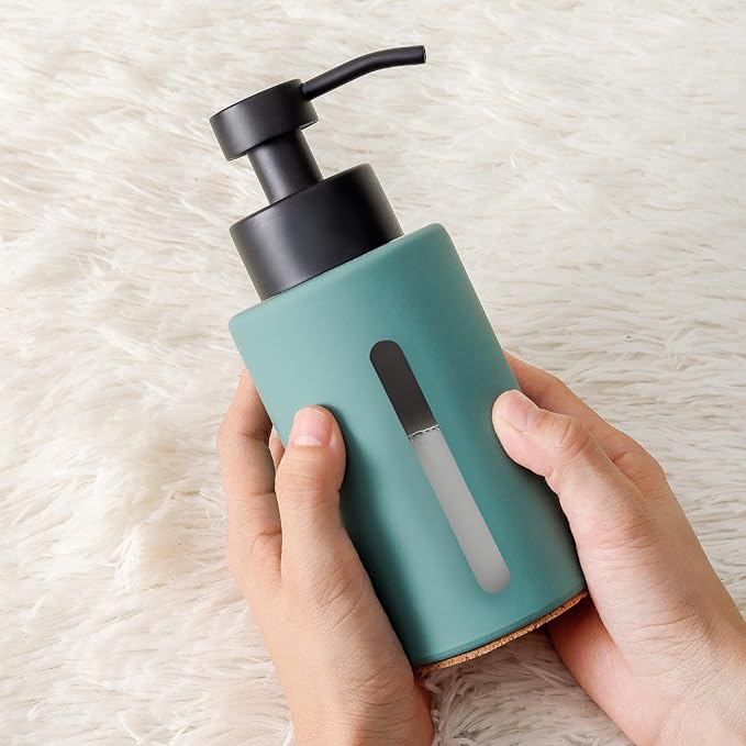 Enra Thick Glass Soap Dispenser with Clear Window,12oz Green Bathroom Soap Dispenser with Lotion Pump Hand Liquid Soap Dispenser Countertop Lotion Bottle for Bathroom(Green/Liquid Type)