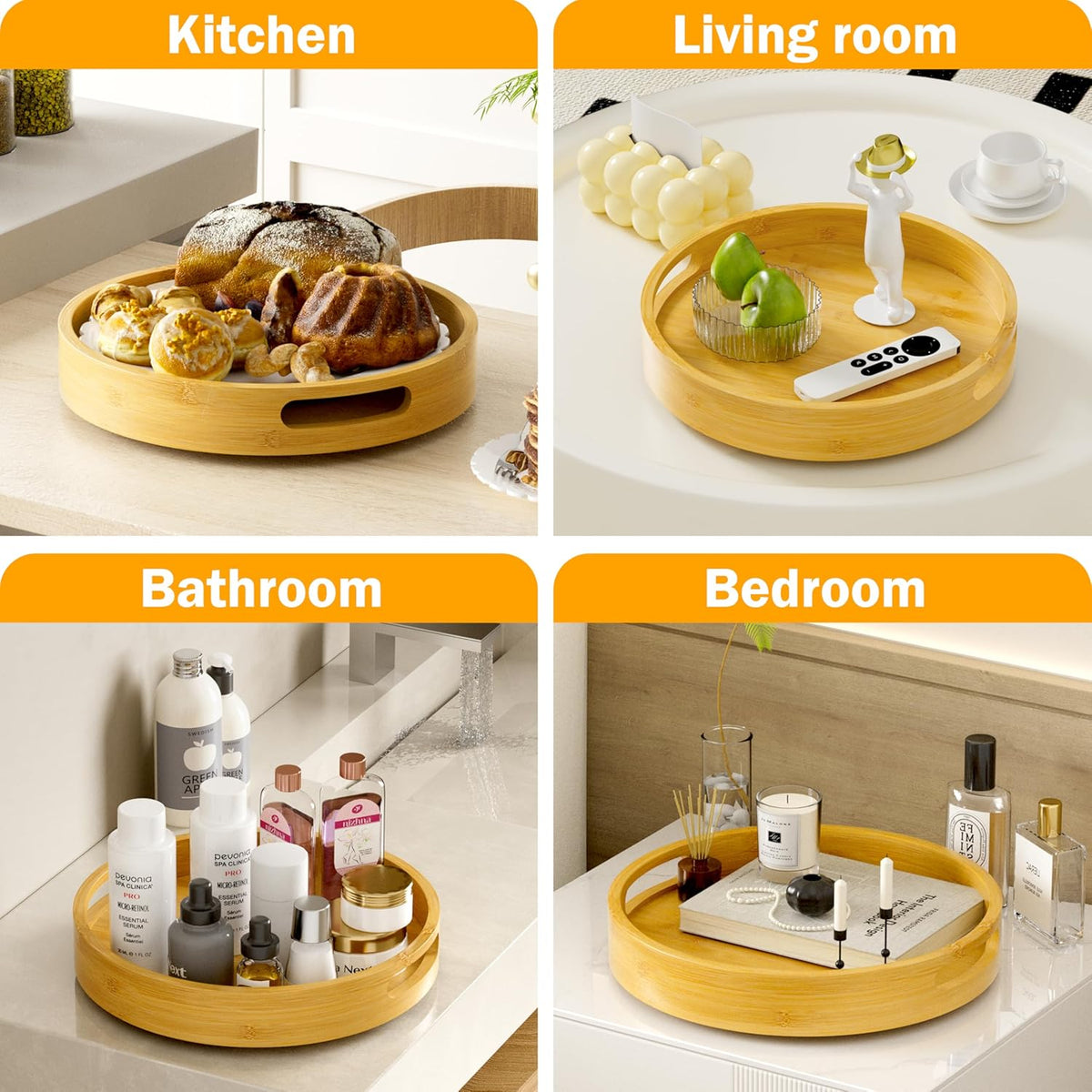 Lazy Susan Organizer Homerays 12 Inch Non-Skid Bamboo Lazy Susan for Kitchen Rotating Spice Rack with Handles, Wood Turntable for Kitchen Cabinet,Countertop (Bamboo, Medium)