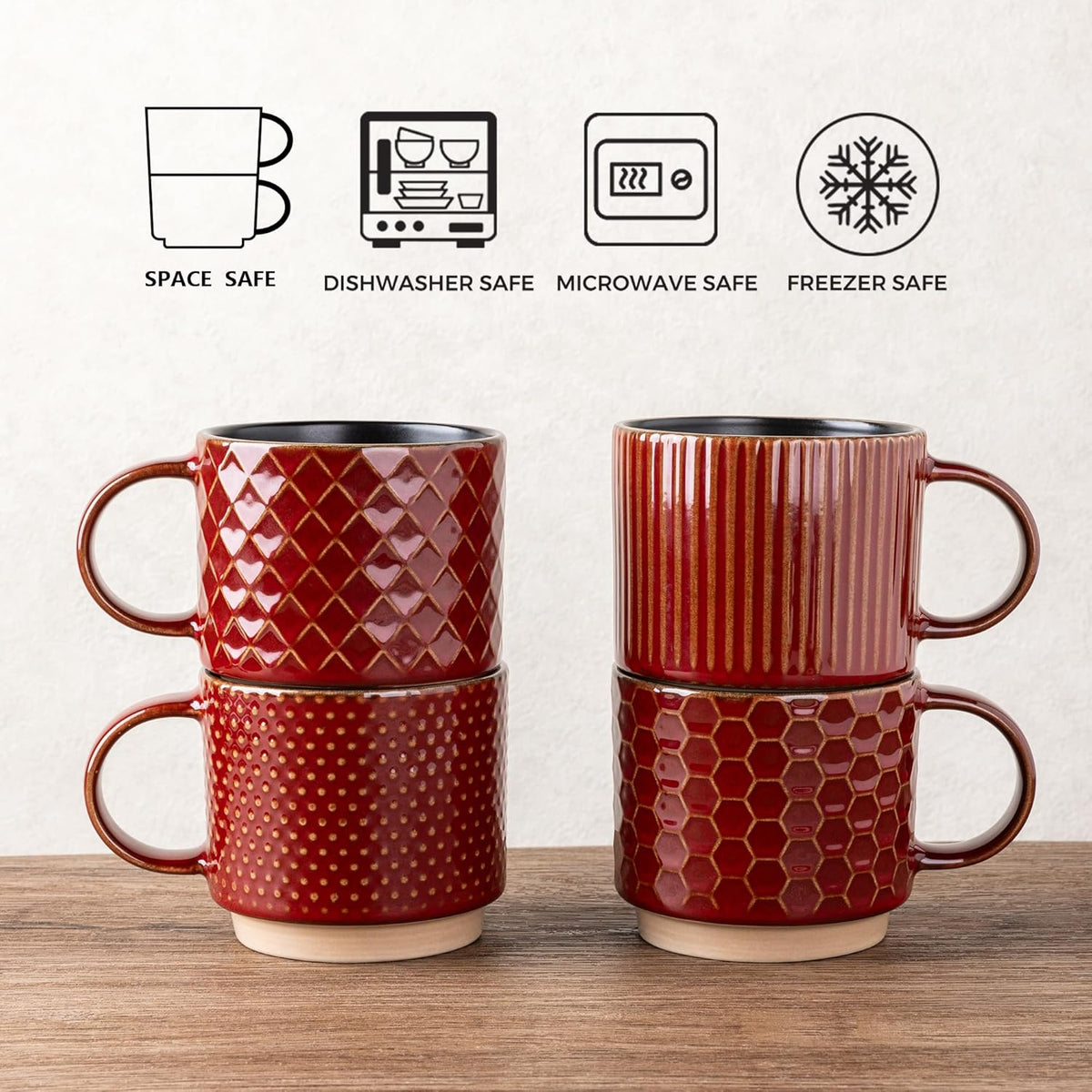 GBHOME 15OZ Stackable Coffee Mugs, Ceramic Coffee Cups with Texture Patterns for Man,Woman,Dad,Mom, Modern Coffee Mugs Set of 4 for Latte/Cappuccino/Cocoa. Dishwasher&Microwave Safe, Red