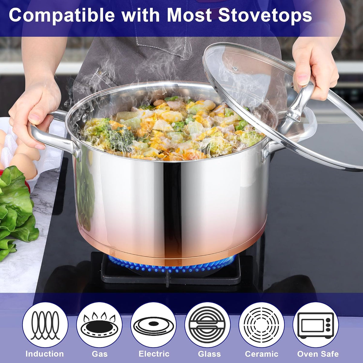 LIANYU Stainless Steel Stock Pot, 8 QT Large Soup Pot for Home Kitchen, Heavy Duty Cookware Compatible with Ceramic Gas Induction Cooktop, Dual Handles & Glass Lid, Dishwasher Safe