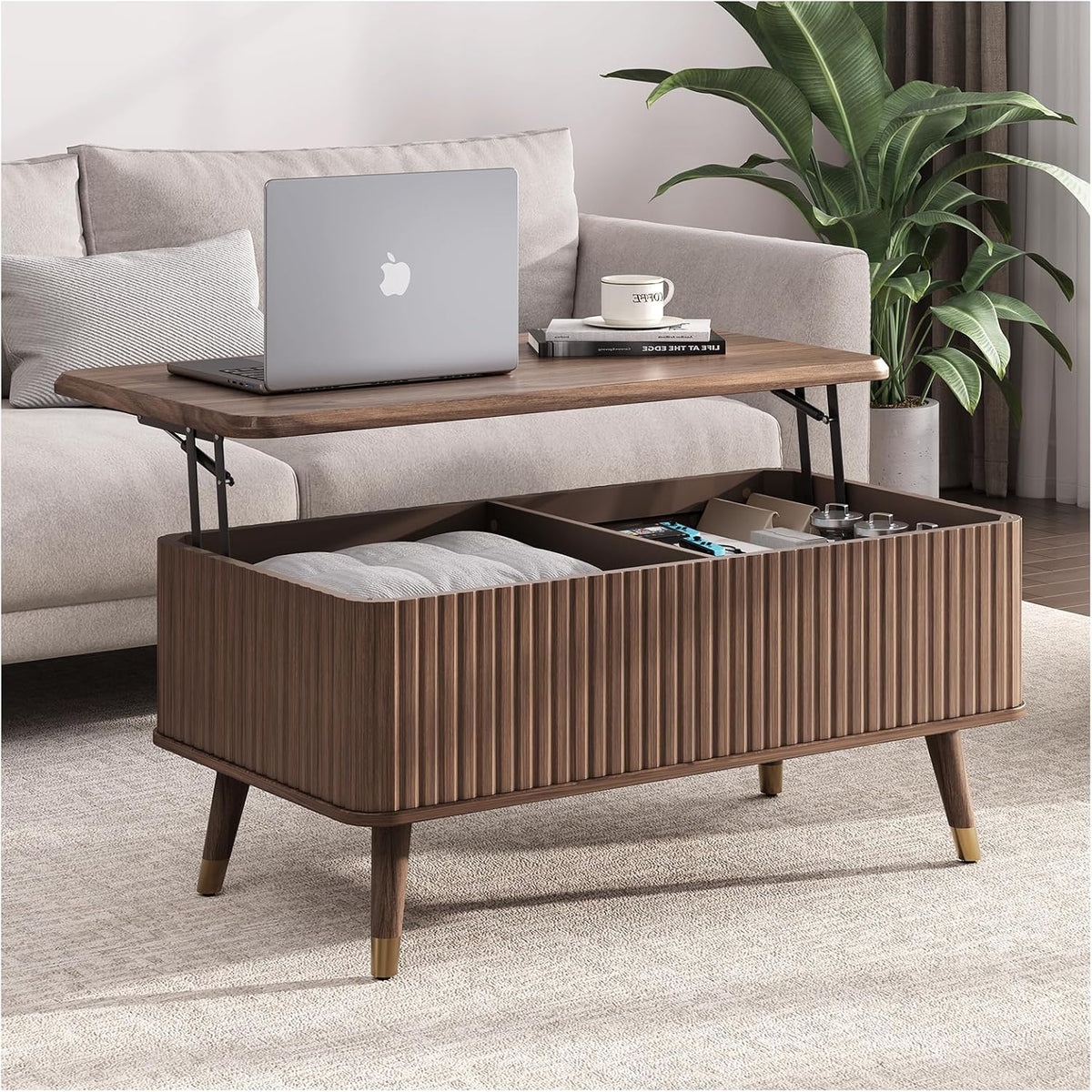 Lift Top Coffee Table, Mid Century Modern Coffee Table with Hidden Storage Compartment, 38" Fluted Center Table for Living Room, Home Office, Walnut