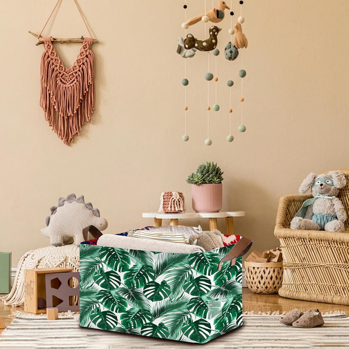 Foldable Collapsible Storage Bin with Palm & Banana Leaf Design-17x11.5x10.5 Inch Organizer Basket for Home, Nursery, Closet-Single Pack, No Lid Space-Saving Storage Box
