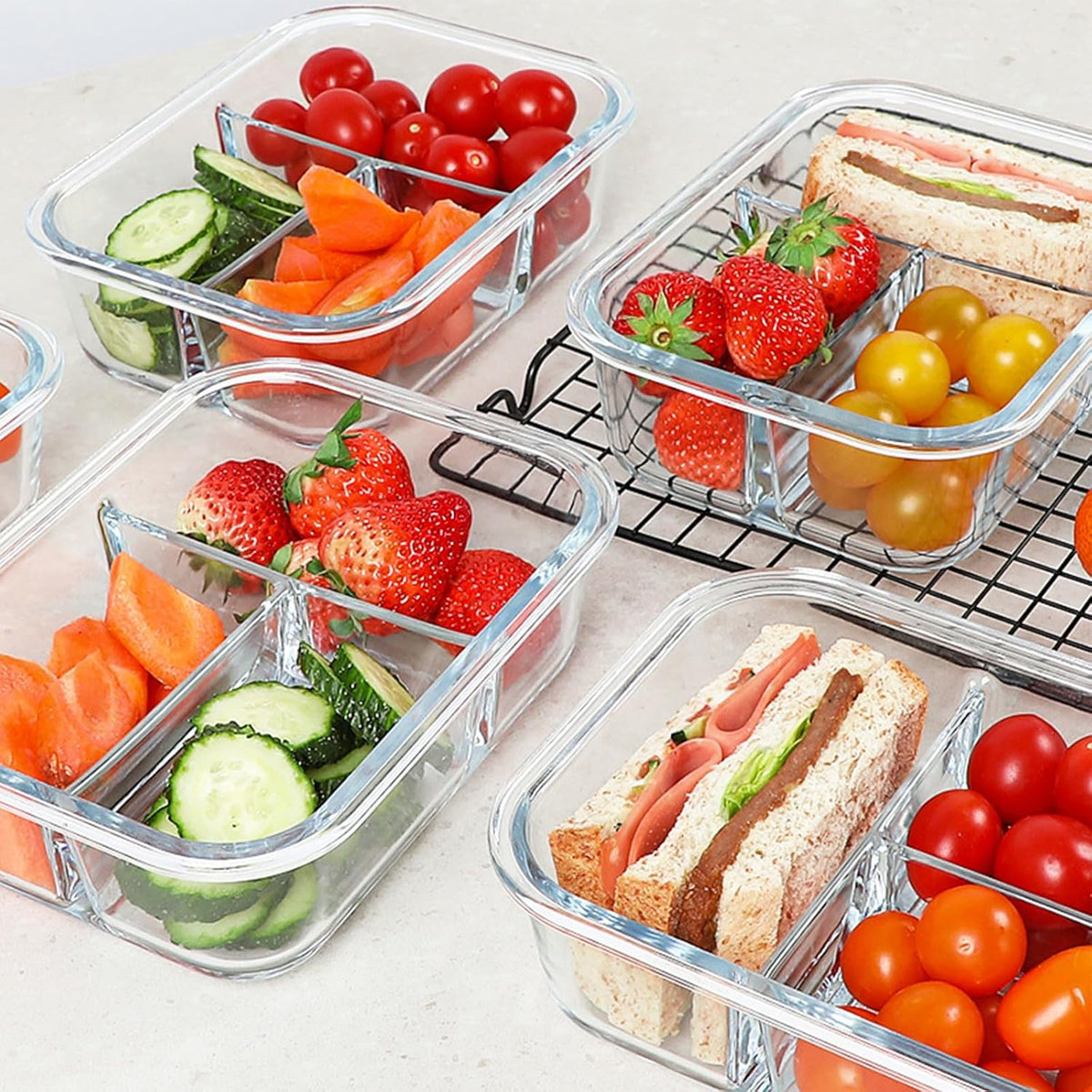 KOMUEE Glass Meal Prep Containers 3 Compartments, 5 Pack 36 oz, Glass Food Storage Containers with Lids, Airtight Lunch Bento Box, Portion Control, Freezer and Microwave Safe, Green
