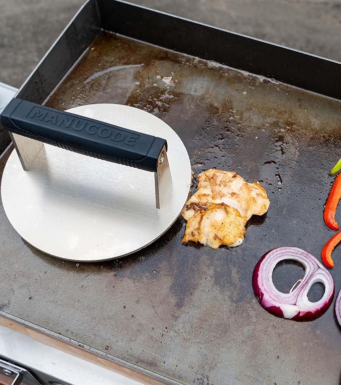Stainless Steel Burger Smasher 3.25 LB – 8 Inch Steak Weight for Smash Burgers, Bacon, Sandwiches | Dishwasher Safe, Preheatable Protein Press with Silicone Handle | Commercial BBQ Tool