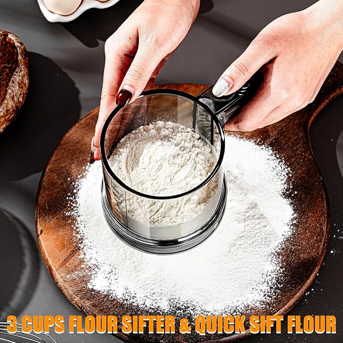 3 Cup Flour Sifter, Sifter for Baking Sifter Handheld Baking Sieve Food-Grade Double-Filter Stainless Steel Flour Sifter Non-Rust Sifter used for Rapid Screening of Flour Apricot Flour Sugar Powder