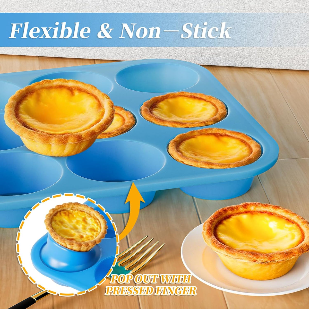 Bangp 12-Cup Silicone Muffin Pan with Metal Reinforced Frame,2 Pack Regular Size Cupcake Pan,Premium Non-Stick Bend Resistance Silicone Molds for Making Muffin,Cakes,Tart,Egg Bites (Blue)