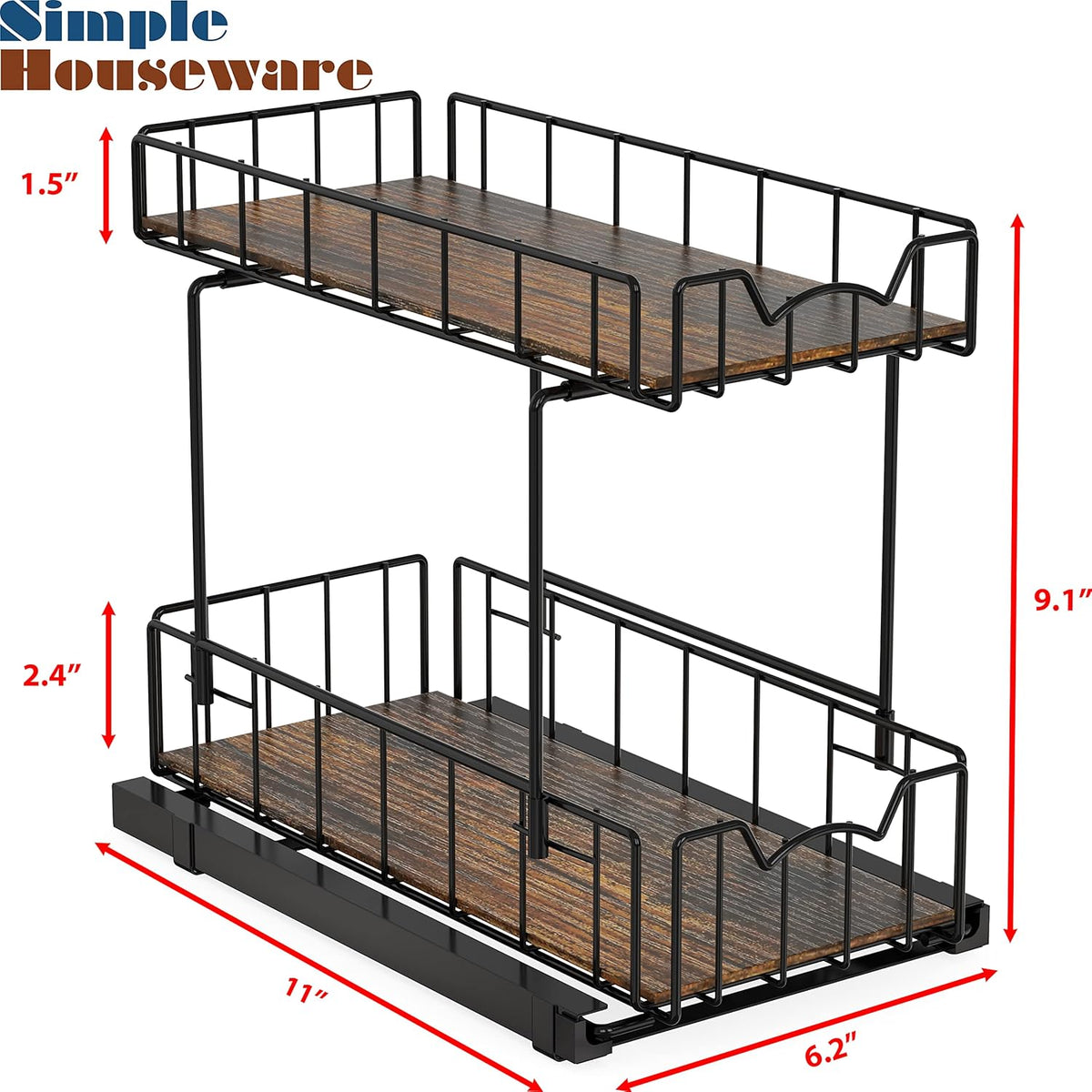 Simple Houseware 2-Tier Spice Rack Slide Out Wire Basket Drawer Organizer, Black