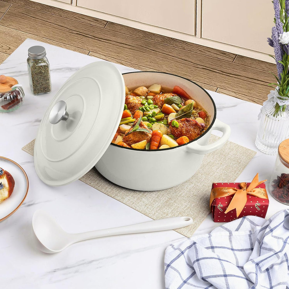 P&P CHEF 6QT Enameled Dutch Oven, Cast Iron Dutch Oven Pot with Lid for Bread Baking, Enameled Casserole Pot for Roasting Braising Stewing Frying Simmering, Various Stoves & Easy Clean, White