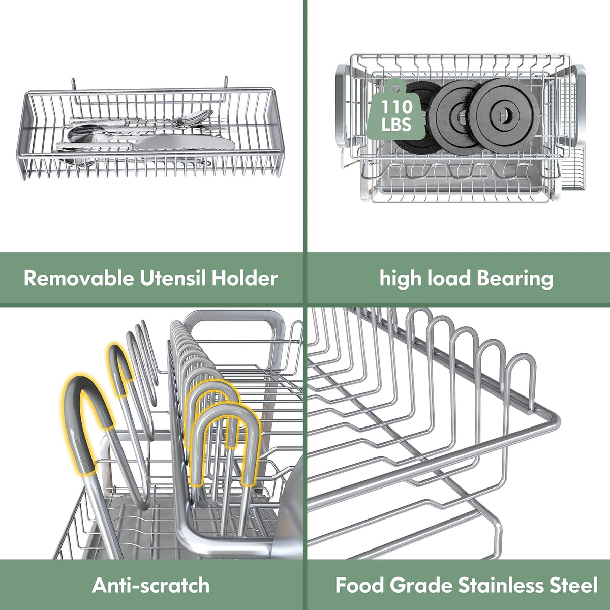 2 Tier Dish Drainers Drying Rack for Kitchen Counter Large Stainless Steel Dishes Drain with Drainboard, Space Saving, Big Modern Silver Countertop Metal Plates Dryer Strainer Holder and Extra Tray