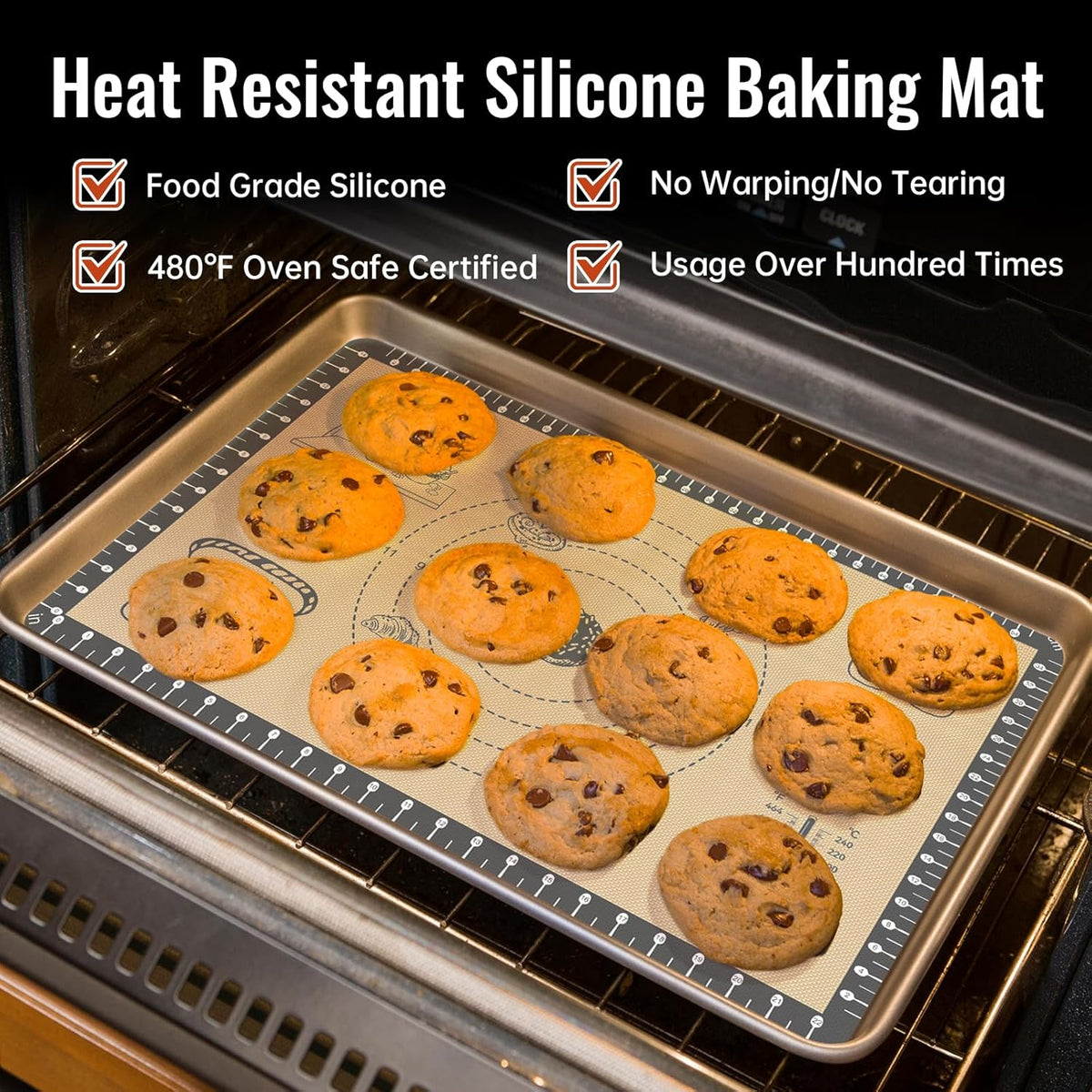Silicone Mat for Baking, Extra Thick Silicone Baking Mat with 10 Easy Recipes, Non Stick Pastry Mat for Dough Rolling, Macaron, Cookie, bread, Pizza, Fondant/Pie Crust, Oven& Dishwasher Safe