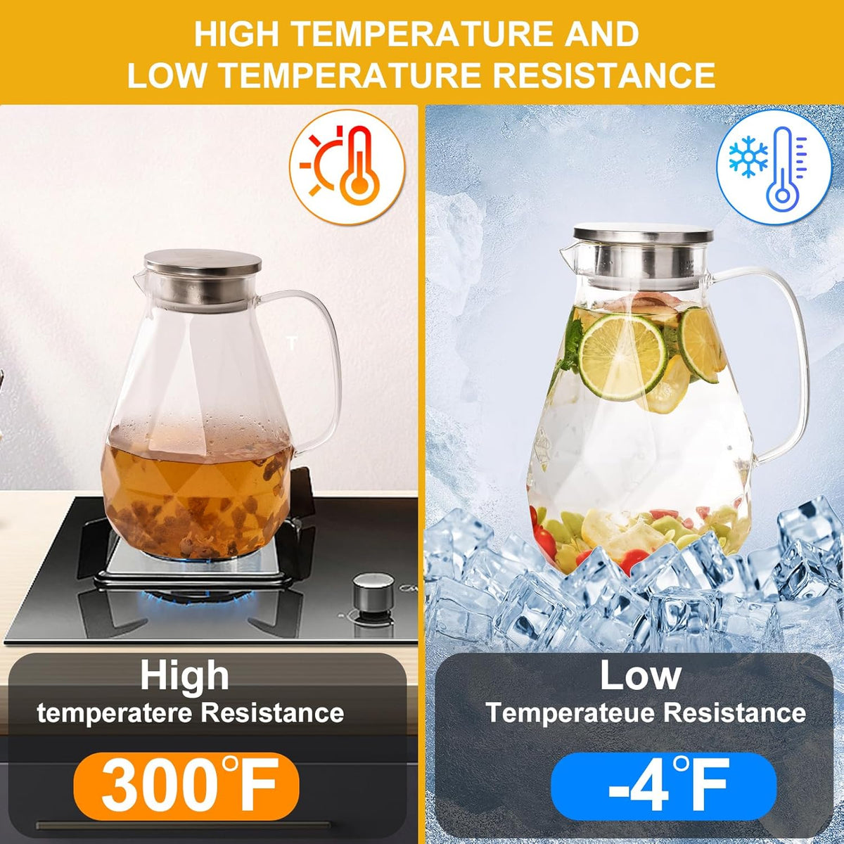 Glass Pitcher with Lid,1 Gallon Glass Water Pitcher Hot/Cold Water Jug, Juice and Iced Tea Beverage Carafe with Lid (Extra-Wide Mouth)