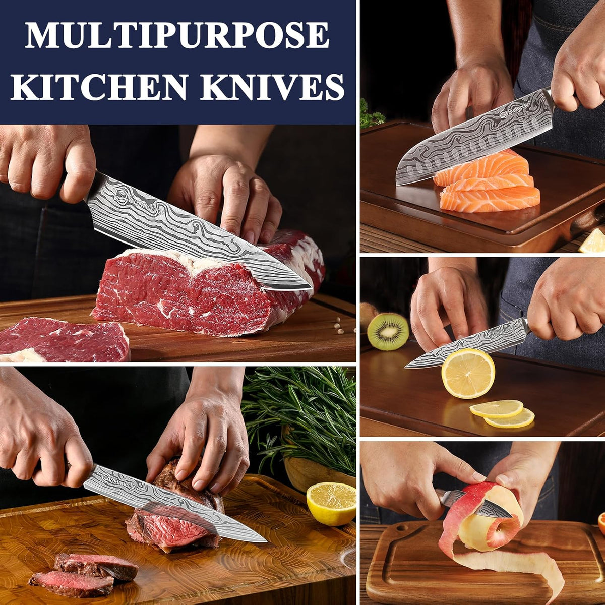 Sunnecko Kitchen Knife Set 7 Piece Chef Knife Set Professional High Carbon Stainless Steel, Sharp Kitchen Knives with Wooden Handle