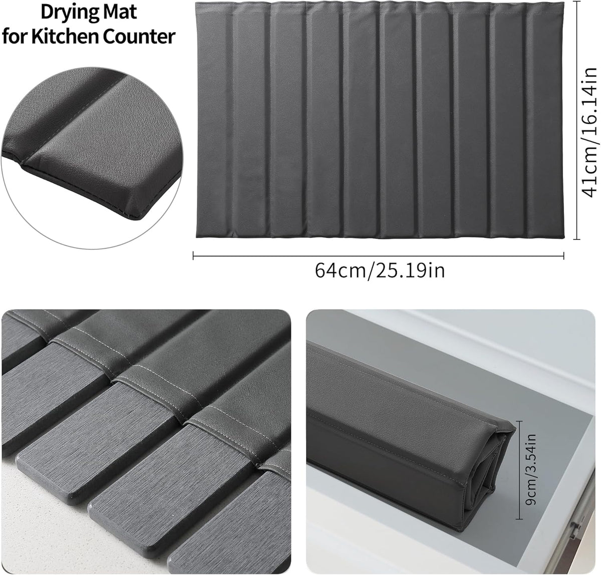 Stone Drying Mat for Kitchen Counter, Large Collapsible Diatomaceous Earth Supe Absorbent Quick Dry Stone Mat Kitchen,PU Leather Surface Removable and washable (Dark Gray, 23.6”x15.4”)