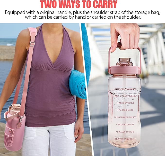 Half Gallon Water Bottle with Sleeve, 64OZ Motivational Water Bottle with Straw & Time Marker, BPA Free Leakproof Gym for Sport Workout