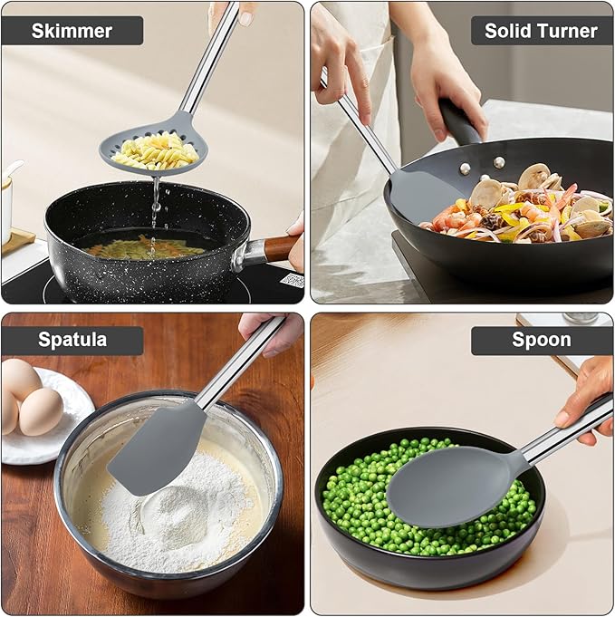 8 PCS Cooking Utensils Set, Vayvnt Silicone Kitchen Spatula Set for Cooking, Non Toxic Silicone Kitchen Utensils with Stainless Steel Long Handle, Spoon and Tong, Heat Resistant&Dishwasher Safe, Gray