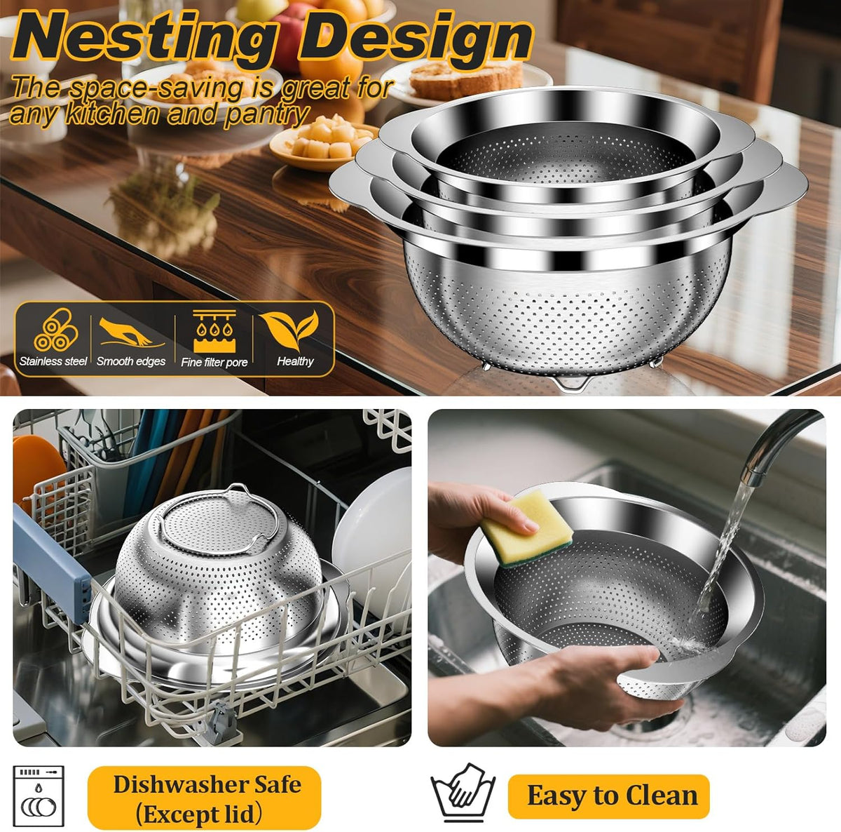 Colander, Stainless Steel Colander for Kitchen, 3Pcs Kitchen Gadget Food Strainer Basket with Handle, Kitchen Strainer Colanders Bowl for Pasta Noodles Spaghetti Vegetables Fruit (2QT, 3QT, 5QT)