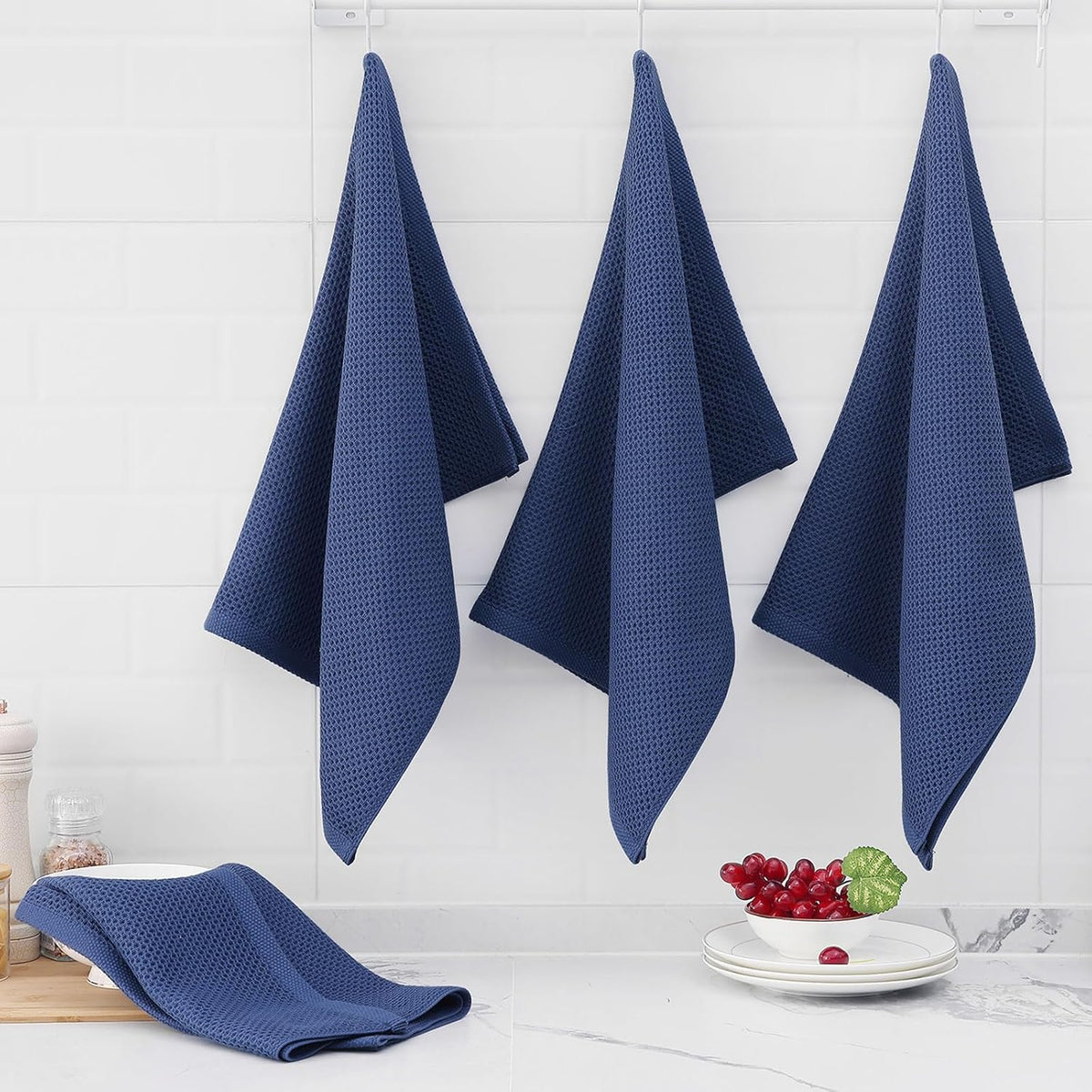 Homaxy 100% Cotton Oversized Waffle Weave Kitchen Dish Towels, Ultra Soft Absorbent Quick Drying Cleaning Towel, 20 x 28 Inches, 4-Pack, Navy Blue